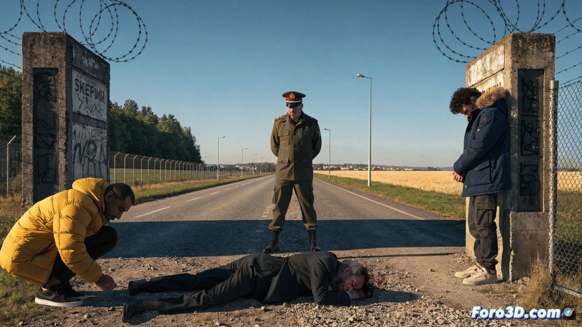 Photorealistic crime scene reconstruction, a lone male figure falling backward against a concrete border wall at dawn, five muzzle flash streaks frozen mid-air from a suppressed pistol held by a second figure in dark tactical gear, discarded Georgian passport lying on wet asphalt, police evidence markers glowing under rotating blue emergency lights, cinematic low-angle shot, dramatic chiaroscuro lighting, rain-slicked road reflecting distant Ukrainian landscape, forensic measurement tools visible on ground, ultra-detailed textures of blood spatter and shell casings, photorealistic technical illustration style