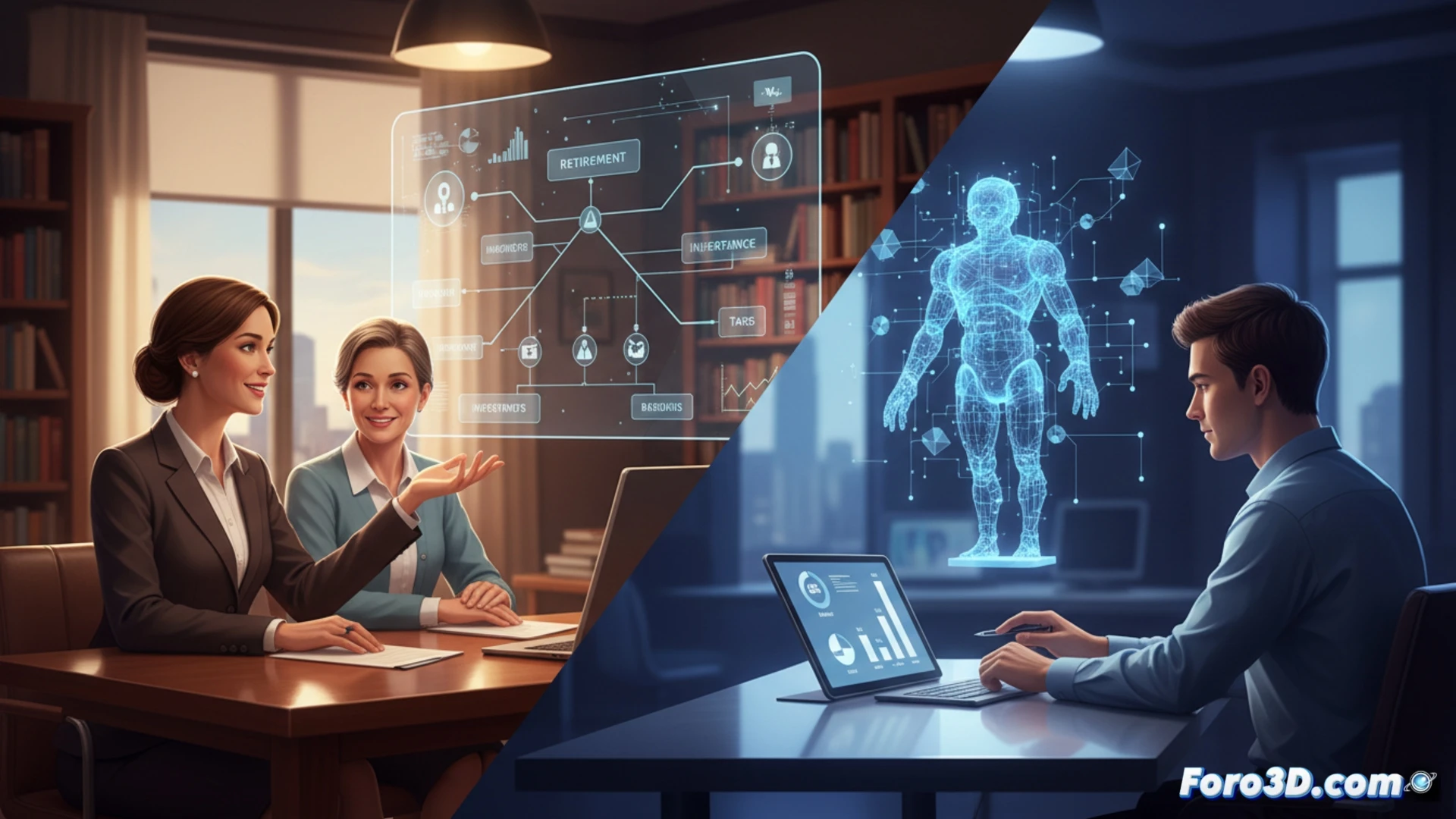 A person standing at a crossroads, one path leading to a glowing holographic AI dashboard showing robo-advisor charts and ETF growth graphs, the other path showing a wooden desk with a financial planner reviewing estate documents and a retirement calculator. The person holds a smartphone displaying a complex portfolio rebalancing app, while a traditional ledger and a tablet with an AI chatbot interface sit on a central stone pedestal. Cinematic photorealistic render, dramatic split lighting, sharp focus on decision moment, ultra-detailed textures, modern technical illustration style.