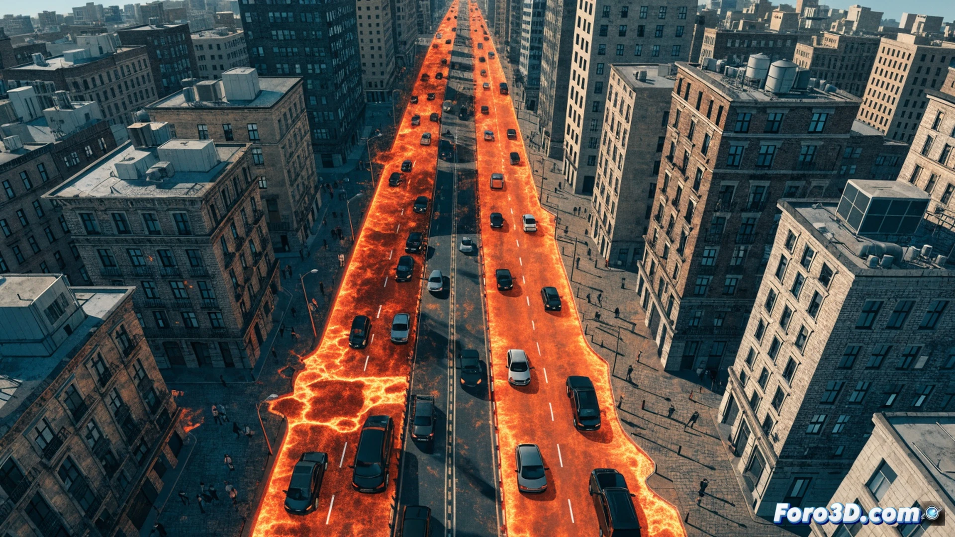 aerial view of a dense city street at noon, asphalt surface cracking and glowing with heat waves reaching 60 degrees Celsius, a digital thermometer embedded in the road showing red warning, heat radiating off black pavement while a small patch of grass and a single tree cast thin shadow, no people visible, cars idling in traffic emitting exhaust, photorealistic technical illustration, cinematic lighting with harsh sun, high contrast, thermal imaging color palette of reds and oranges, ultra-detailed asphalt texture, dramatic urban heat island effect visualization