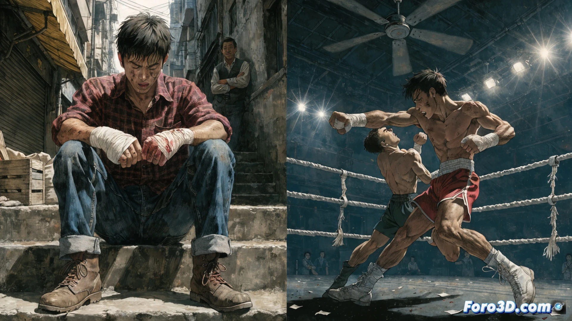 Joe Yabuki en el ring durante un combate de boxeo de posguerra, puño derecho impactando el rostro ensangrentado de un oponente, sudor y gotas de sangre volando en el aire, vendajes desgastados en sus manos, ring de lona desgastada y cuerdas oxidadas, fondo de graderío vacío con luces de tungsteno amarillentas, estilo cinematográfico japonés de los 60, grano de película, sombras duras, contraste dramático, realismo descarnado, textura de papel de manga envejecido, iluminación teatral de foco cenital, composición de acción congelada en el momento del golpe.