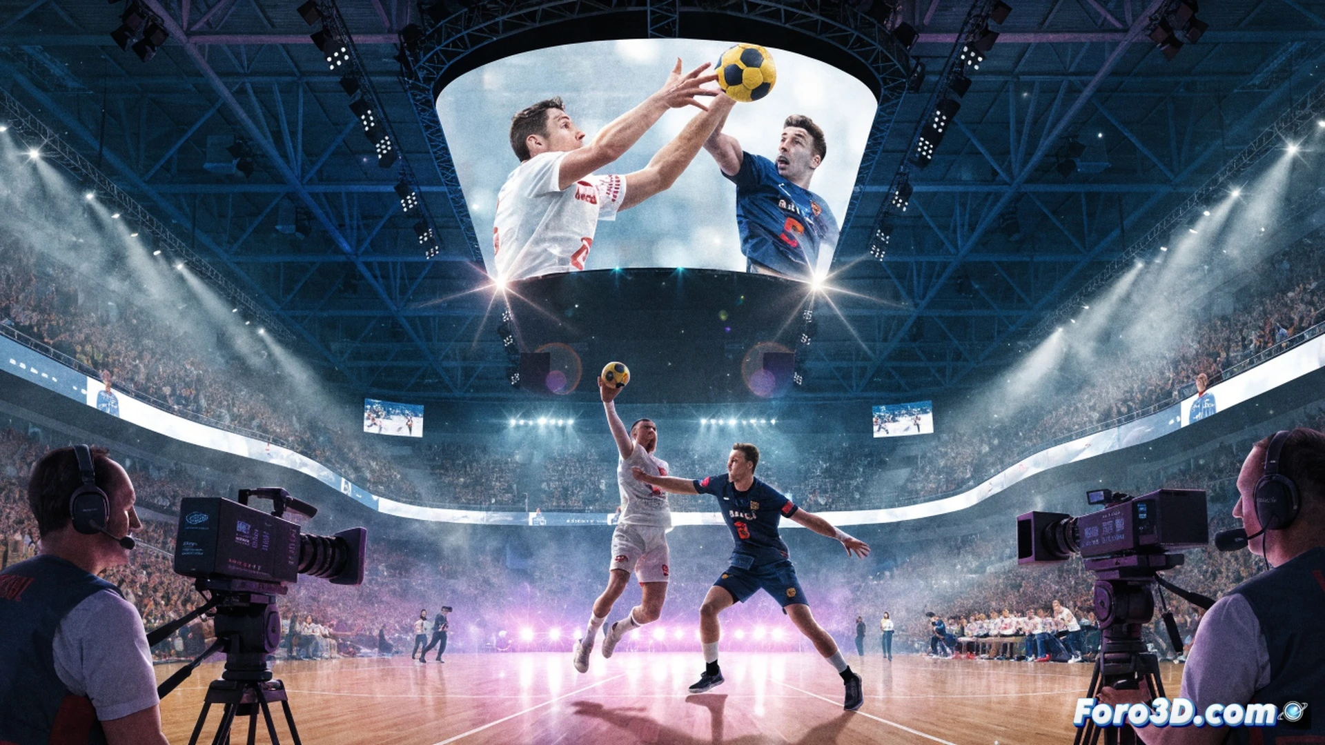 Asobal league match action shot, two handball players mid-air collision during a fast break, one player throwing the ball while the other blocks, glowing digital audience counter display on the stadium screen showing eight million viewers, Teledeporte broadcast camera rig on a rail dolly tracking the play, technical broadcasting equipment visible courtside, cinematic sports photography style, dramatic overhead arena lighting, motion blur on the ball, photorealistic sports broadcast visualization