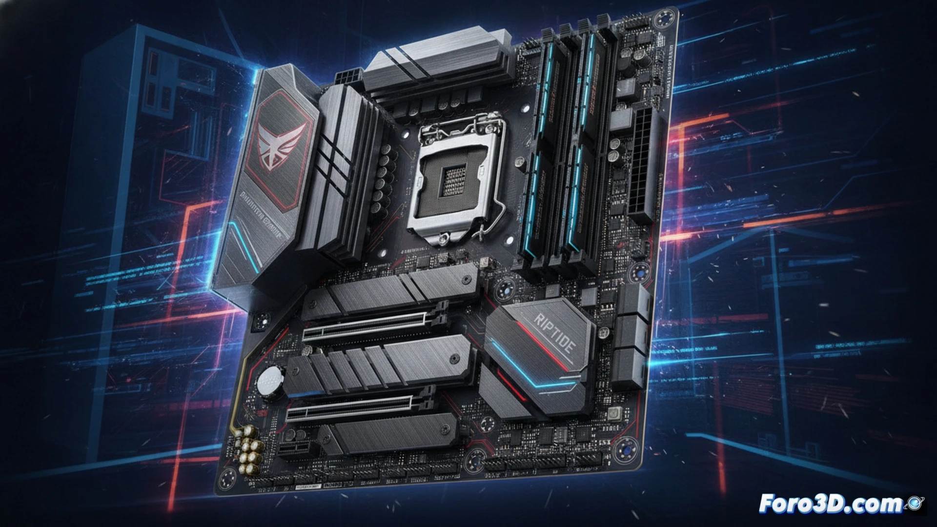 high-end PC motherboard assembly process, ASRock Phantom Gaming X870 Riptide Wi-Fi board mounted on anti-static mat, glowing RGB heatsinks and chipset area, a user installing a liquid cooling block onto the CPU socket with precision tweezers, nearby an open SSD slot with a Gen5 drive partially inserted, DRAM modules clicked into place, cables neatly routed, monitor displaying BIOS overclocking menu with voltage curves, background showing a GPU bracket and power supply, cinematic technical visualization, cool blue and red LED accents, sharp focus on metallic connectors and thermal pads, photorealistic engineering render