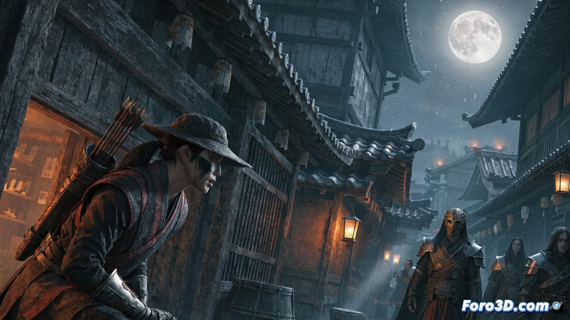 Japanese assassin protagonist from Assassin's Creed Shadows standing on a moonlit temple rooftop, holding a hidden blade while looking toward a distant glowing horizon, a scroll with an unfinished map unrolled on a stone ledge beside him, a hooded figure in silhouette approaching from the fog, cinematic lighting with deep shadows and warm lantern glow, photorealistic game art style, dramatic atmosphere suggesting an unfulfilled mission, ultra-detailed fabric folds and weathered wood textures, motion blur on falling cherry blossom petals, epic cinematic composition