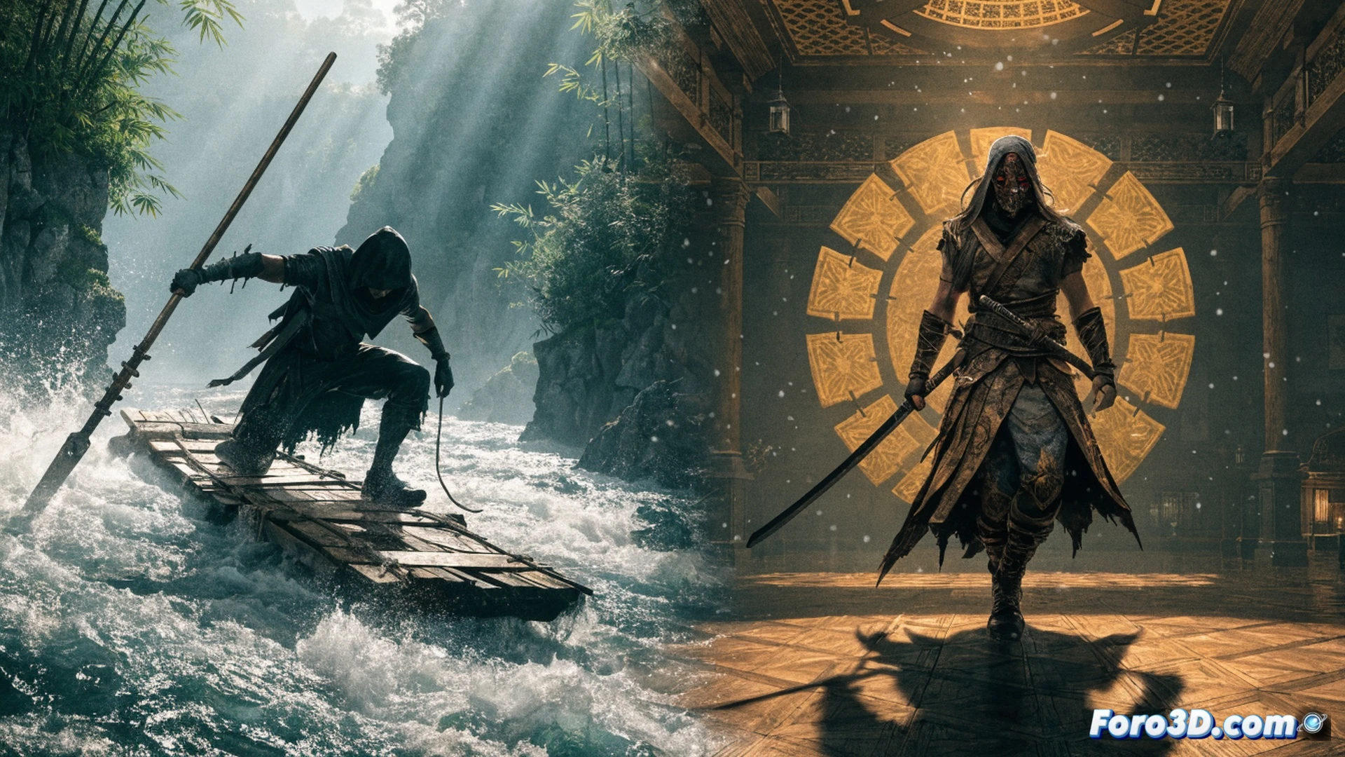 Naoki y Yasuke enfrentándose a múltiples samuráis en un puente de piedra iluminado por antorchas, durante la misión Black Tides, demostrando combate sincronizado con katanas y shurikens, partículas de agua salpicando desde un río turbulento bajo el puente, mientras un portal energético rectangular con runas brillantes representa el desafío Domains, mostrando engranajes mecánicos y circuitos dorados en su marco, estilo cinematográfico de arte conceptual técnico, iluminación dramática con destellos azules y naranjas, texturas metálicas detalladas, photorealistic render con alta definición