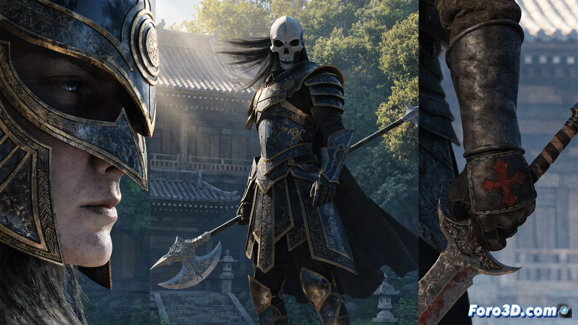 two armored Templar figures in black cloaks pursuing a samurai and a shinobi through a moonlit Japanese castle courtyard, one Templar drawing a cross-shaped hidden blade while the other charges with a heavy gauntlet, combat sparks flying from clashing metal, shattered stone debris mid-air, glowing red Templar insignia on their chests, cinematic photorealistic render, dramatic low-angle shot, dynamic motion blur, particle effects from falling cherry blossoms and dust, ultra-detailed armor textures, dark atmospheric lighting with moonlight and torch glow, epic action scene
