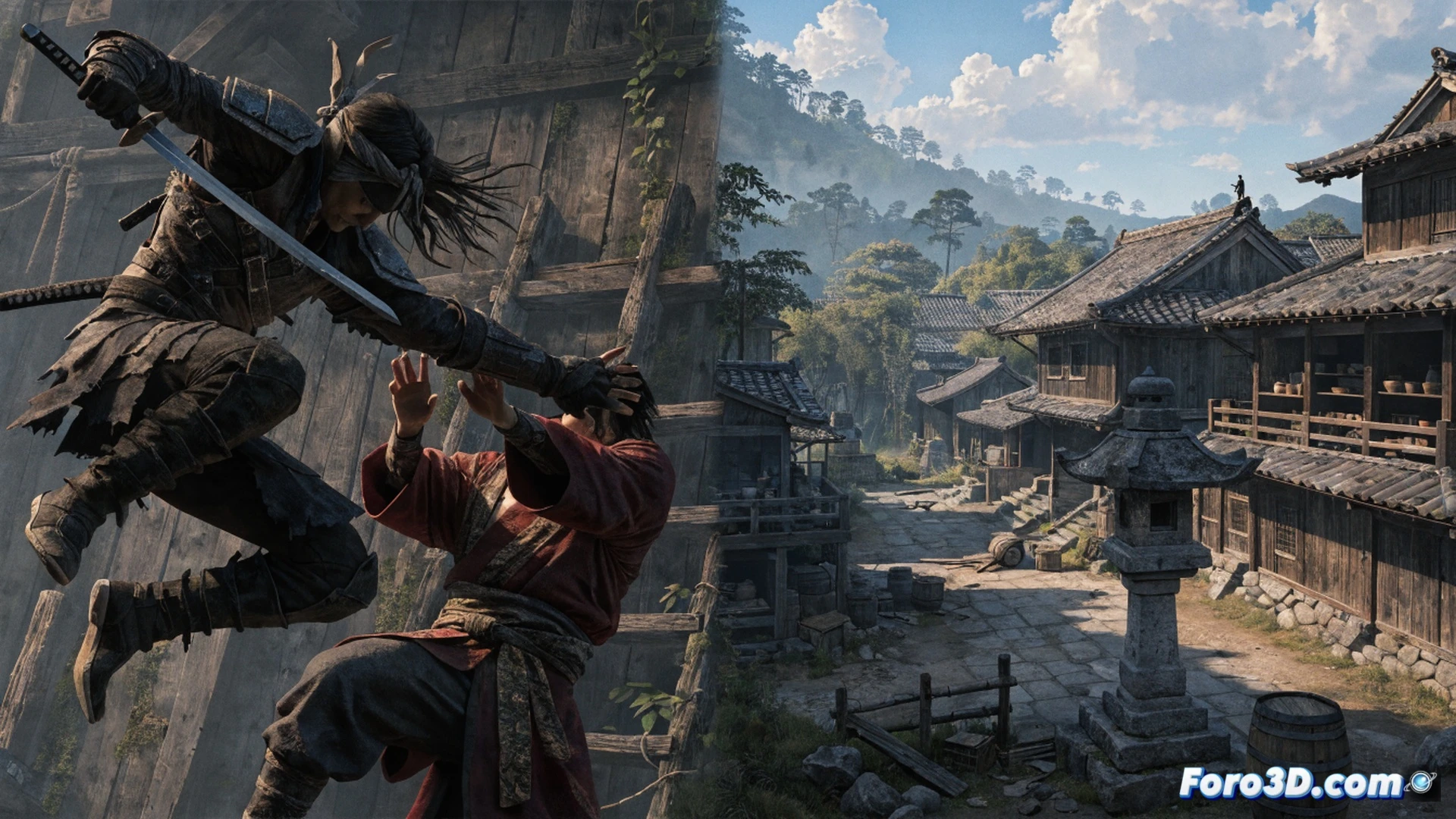 samurai warrior in feudal Japan holding a glowing katana while a translucent holographic interface floats beside them, showing a 26GB download progress bar and a mission icon for Mareas Negras, digital waves crashing against a pirate ship silhouette in the background, technical UI elements like framerate counters and patch version 1.1.11 displayed on a cracked wooden floor, cinematic photorealistic render, dramatic sunset lighting, smoke and particle effects from a nearby bonfire, ultra-detailed armor textures, motion blur on the katana swing, engineering visualization style