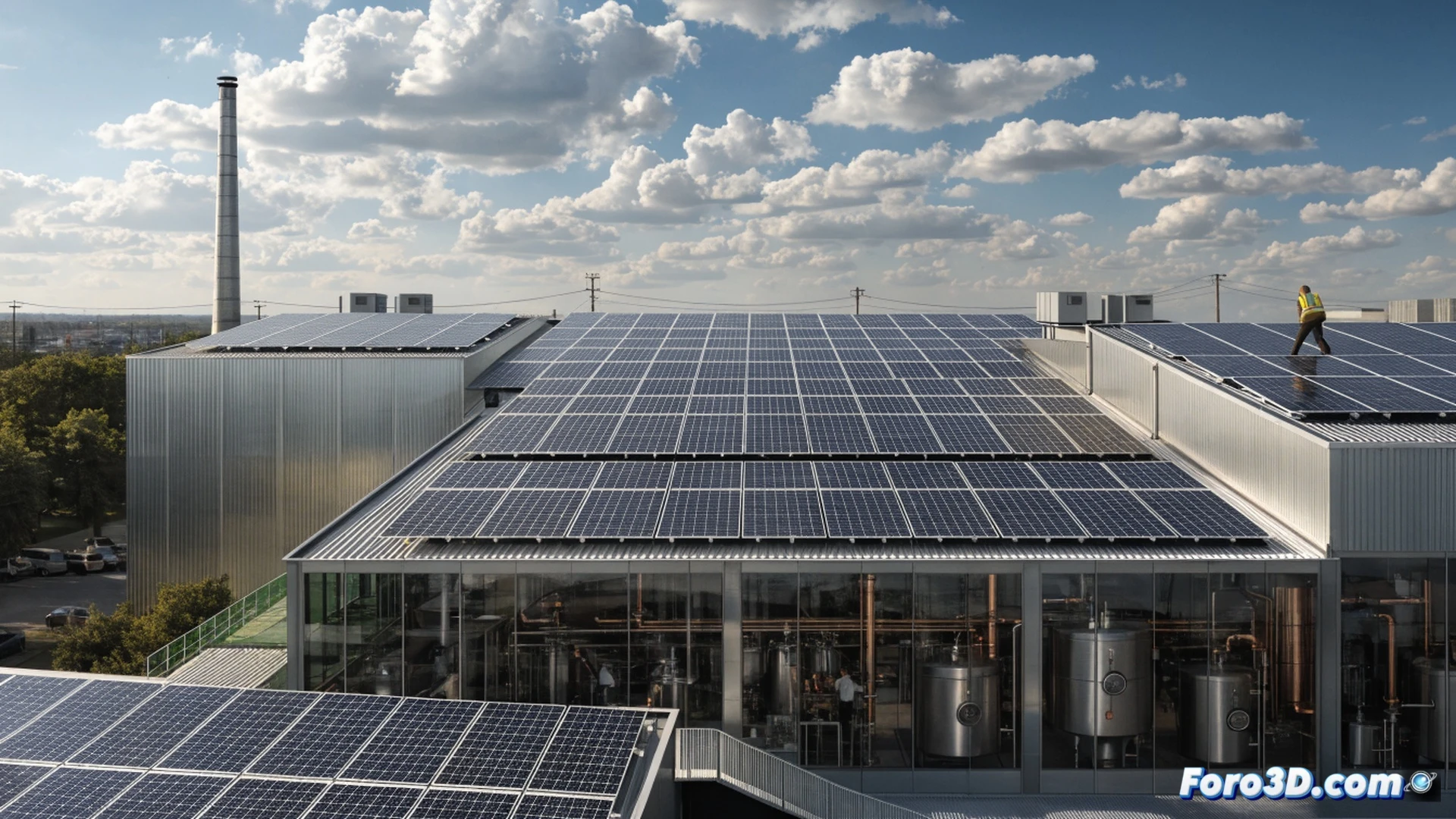 Solar panel installation on a brewery rooftop in Assemini, workers securing photovoltaic modules onto metal mounting rails, electricians connecting inverters and wiring junction boxes, 15000 panels covering multiple warehouse roofs, bright sunlight casting sharp shadows, cranes lifting pallets of panels, forklift moving equipment, technical engineering visualization, clean energy infrastructure, industrial setting with brewery silos and chimneys in background, photorealistic architectural render, wide-angle aerial perspective, dramatic blue sky with white clouds, ultra-detailed solar cell textures, realistic metallic reflections, cinematic lighting emphasizing sustainability action