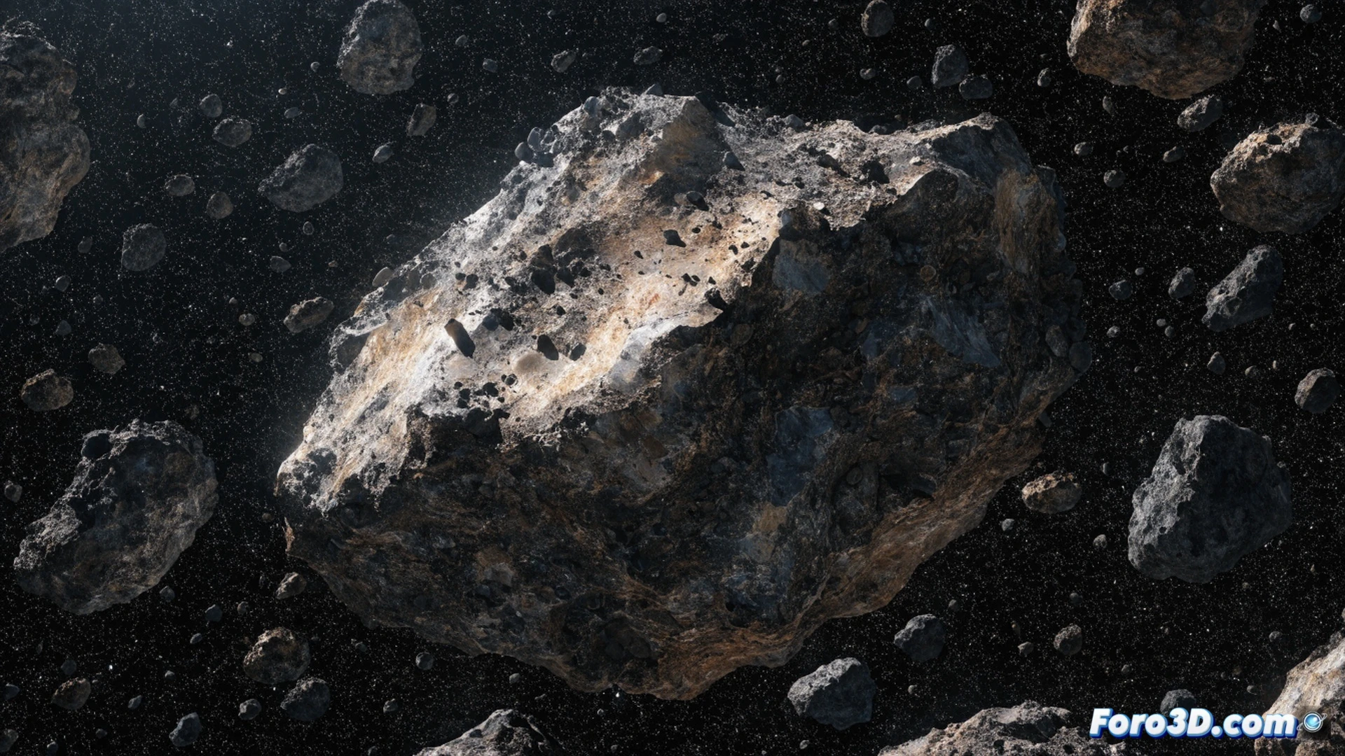 asteroid field between Mars and Jupiter, a rocky body labeled with tennis racket-shaped surface markings, telescope aimed at the asteroid from an observatory dome, astronomer pointing at a glowing monitor showing orbital path data, celestial motion lines tracing the asteroid trajectory, photorealistic space visualization, deep black starry background, faint nebula colors, precise orbital mechanics display, clean technical lighting, ultra-detailed rock textures, dramatic cosmic contrast, engineering visualization style