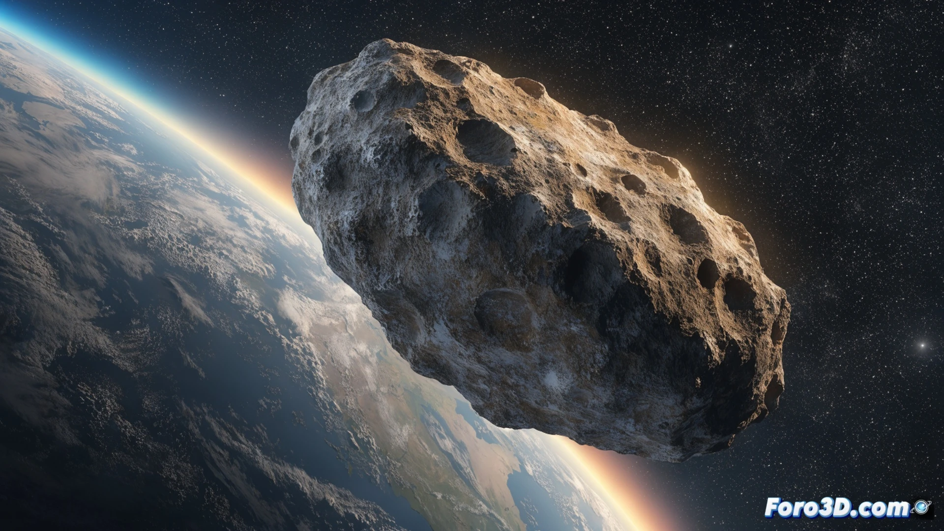 large asteroid approaching Earth from deep space, trajectory shown as a faint glowing arc against a starfield, small telescope silhouette in foreground with a person adjusting the eyepiece, Moon visible at a distance for scale comparison, Earth's blue crescent in background, cinematic space visualization, photorealistic rendering, deep black space with subtle nebula colors, telescope lens flare, asteroid surface texture with craters, motion lines indicating speed, dramatic cosmic lighting, ultra-detailed celestial bodies, technical astronomy illustration
