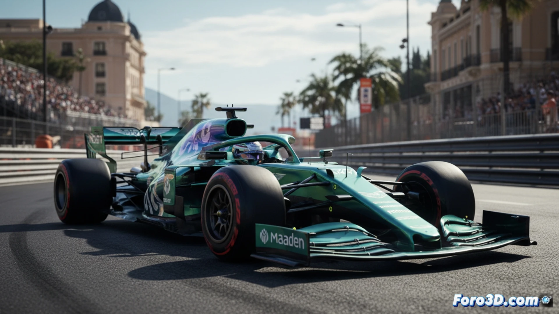 F1 monoplaza Aston Martin verde iridiscente girando en la chicane del puerto de Mónaco 2026, luz del sol reflejándose en la carrocería cambiante de color, patrocinio de Maaden visible en el alerón trasero, ingenieros revisando telemetría en boxes con pantallas mostrando datos aerodinámicos, herramientas de carbono y llaves dinamométricas sobre la mesa, banderas de carrera ondeando al fondo, estilo cinematográfico fotorealista, iluminación dramática de atardecer, detalles metálicos brillantes, acción de curva cerrada con neumáticos humeantes