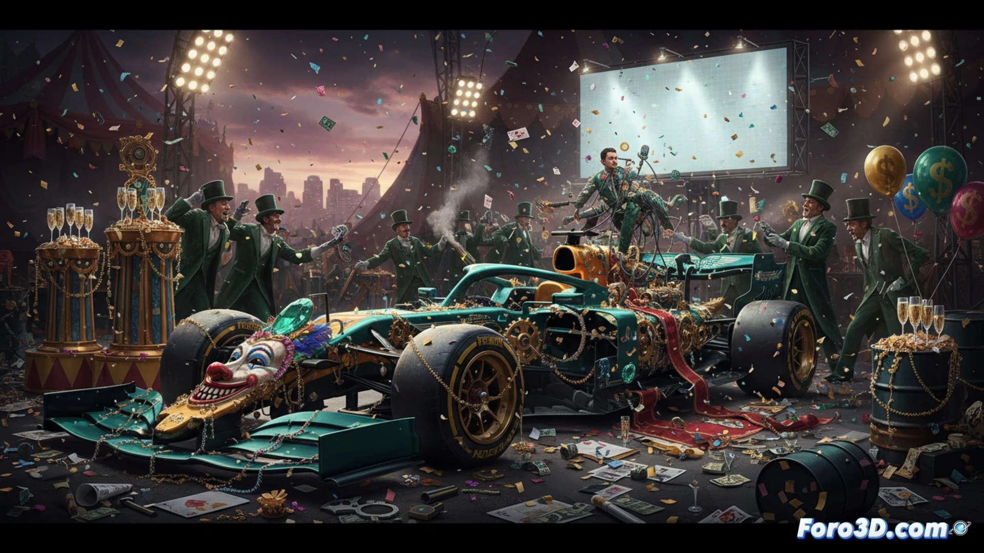 Aston Martin F1 garage chaos, pit crew frozen mid-action staring at telemetry screens showing flatlined performance graphs, carbon fibre monocoque half-disassembled with hydraulic hoses dangling, luxury branding decals peeling off a stationary car while engineers argue over laptops, dramatic spotlight on empty champagne bottles and scattered sponsor contracts, photorealistic engineering visualization with cold industrial lighting, dust particles suspended in air, frustrated gestures, metallic reflections on tools left abandoned, high-contrast cinematic noir atmosphere