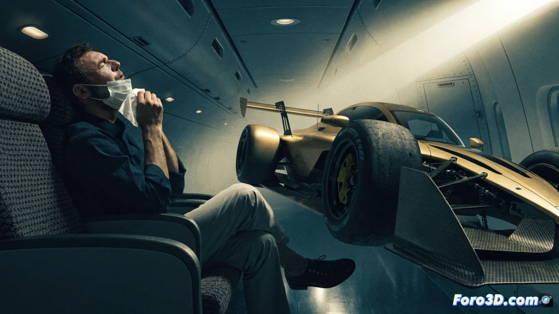 cinematic engineering visualization of a stressed engineer in business attire hunched over a laptop displaying complex CAD software, surrounded by high-end automotive components on a sterile desk, while a visible medical wristband contrasts with a polished Aston Martin badge, harsh fluorescent office lighting casting deep shadows, technical blueprints and carbon fiber parts scattered, photorealistic industrial render, dramatic tension between human fragility and corporate machinery, ultra-detailed materials, cold metallic tones
