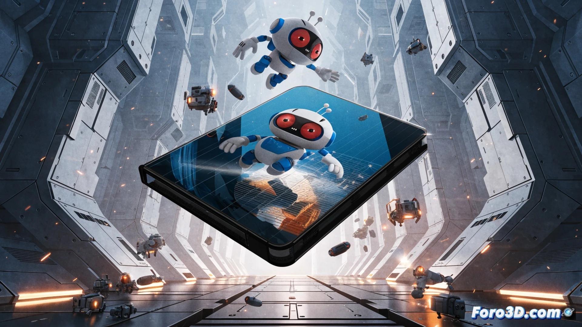 Astro Bot robot cayendo en picada a través de un portal digital verde, mando DualSense flotando con gatillos adaptativos brillando en azul, monedas virtuales y fragmentos de nivel dispersos mientras una etiqueta de descuento holográfica se rompe en pedazos, plataforma de PlayStation 5 con ventilación interna visible, estilo cinematic photorealistic, iluminación dramática con destellos neón, acción de descuento mostrando el proceso de ahorro, texturas metálicas pulidas, partículas brillantes en suspensión, fondo oscuro con circuitos iluminados