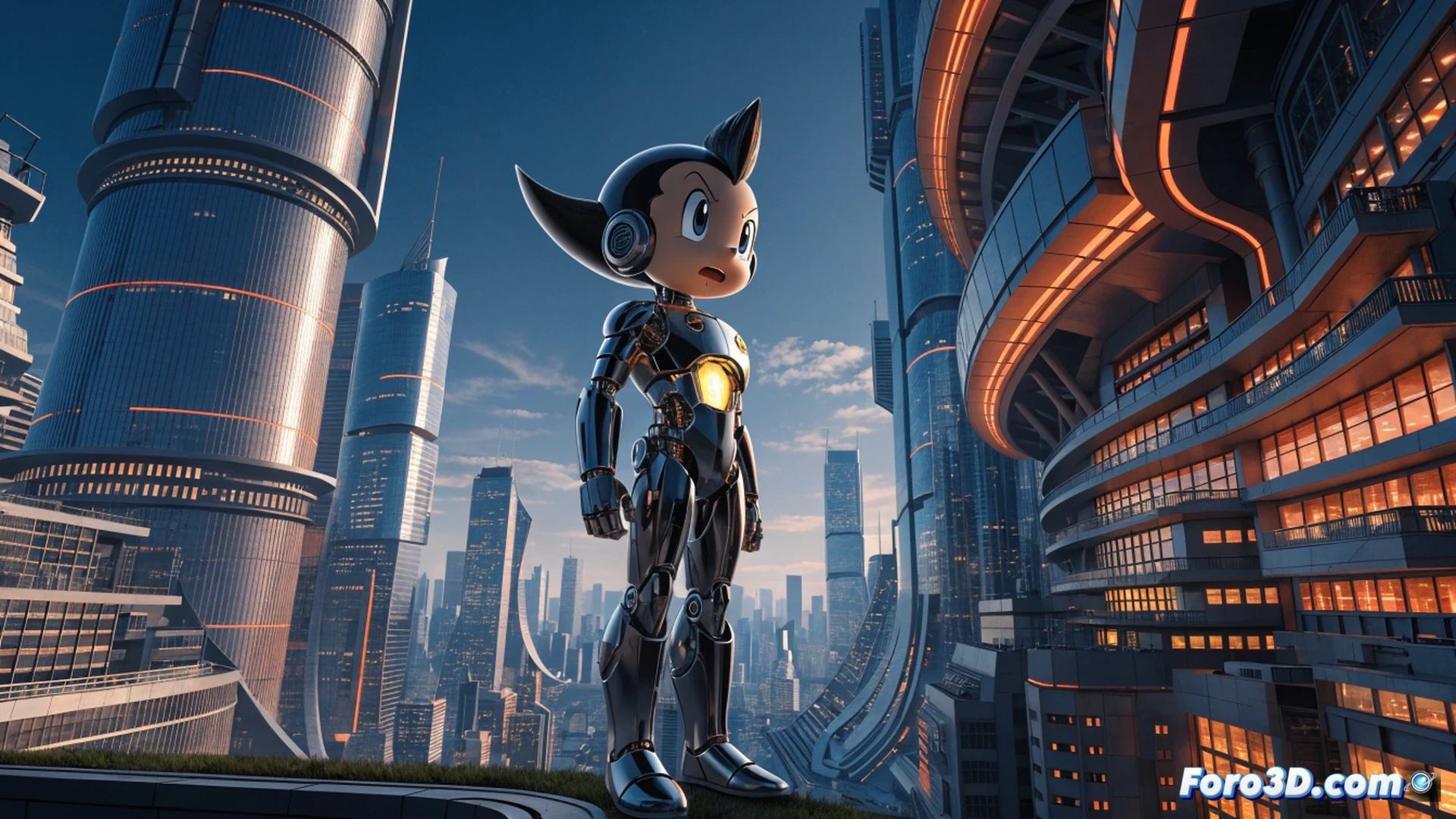 Astro Boy robot mid-flight over futuristic Tokyo skyline, rocket boots firing blue plasma thrust, atomic heart core glowing through transparent chest panel, mechanical arm extended forward while rescuing a falling robot, detailed metallic joints and rivets visible, sparks flying from damaged circuitry, retro-futuristic cityscape with neon-lit skyscrapers and flying cars in background, cinematic engineering visualization, dramatic side-angle action shot, glowing energy trails from rocket boots, realistic industrial materials, chrome and red paint finish, dynamic motion blur, ultra-detailed mechanical components, photorealistic technical render