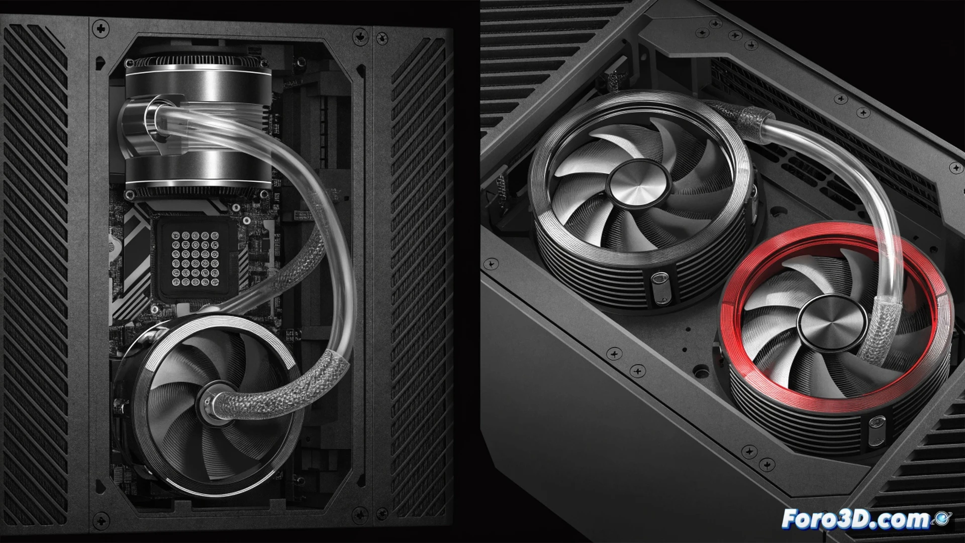 Photorealistic technical illustration of an ASUS ROG Strix LC IV AIO cooler installation, showing a motherboard with the Q-Connector system actively linking pump and fan cables directly to board headers, eliminating visible wire clutter, a clean interior case with no loose cables, metallic pump housing and radiator fins visible, dramatic side lighting highlighting the streamlined assembly process, cinematic close-up of a hand inserting the connector into the motherboard socket, ultra-detailed components, engineering visualization style, no text or numbers in image