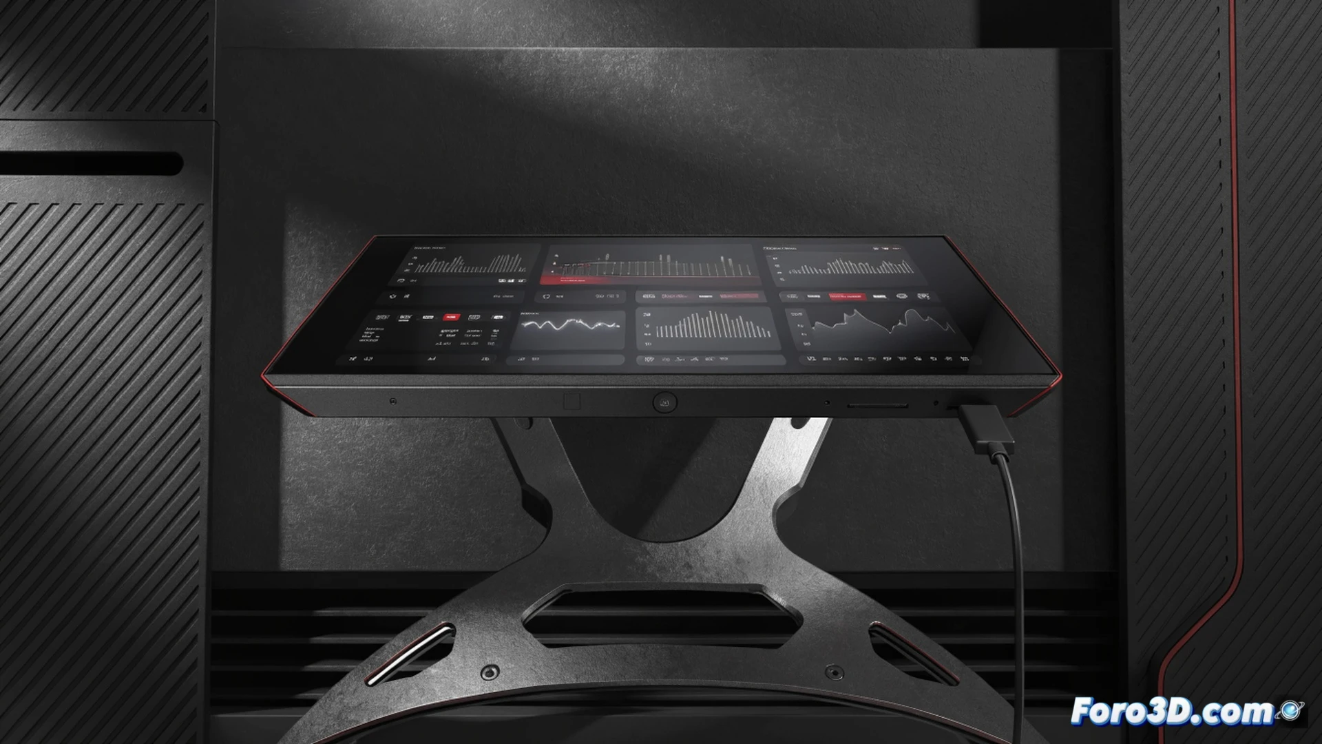 gamer hand touching a compact 12-inch touchscreen monitor angled beside a gaming PC tower, monitor displaying system monitoring graphs and a small video window, USB-C cable connected to the PC, monitor small enough to show size comparison against a full-size keyboard, dark desk setup with RGB keyboard and mouse, cinematic technical illustration, glossy screen surface reflecting ambient blue light, precise finger pressing a performance metric icon, photorealistic engineering visualization, shallow depth of field focusing on the touch interaction