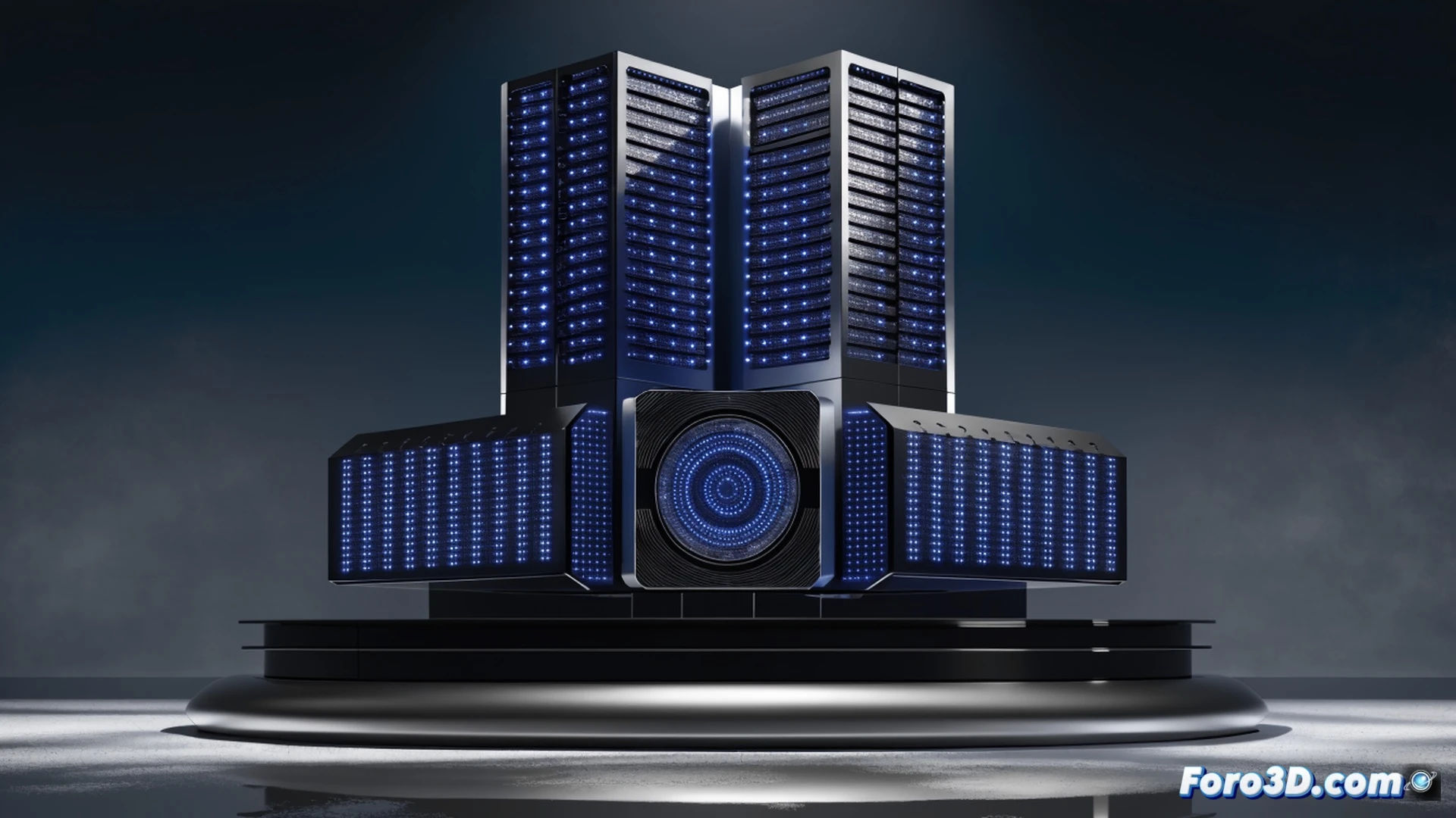 Asus ExpertCenter Pro ET900N G3 workstation glowing with internal Nvidia GB300 superchip and 748 GB memory modules, corporate server room background with blurred data racks, a holographic AI neural network diagram floating above the open chassis while a suited engineer points at the massive price tag displayed on a transparent screen, dramatic blue and orange lighting contrasting the machine with a distant cityscape showing small apartment windows, photorealistic technical illustration, ultra-detailed circuit board textures, cinematic depth of field, cold metallic reflections, modern corporate atmosphere