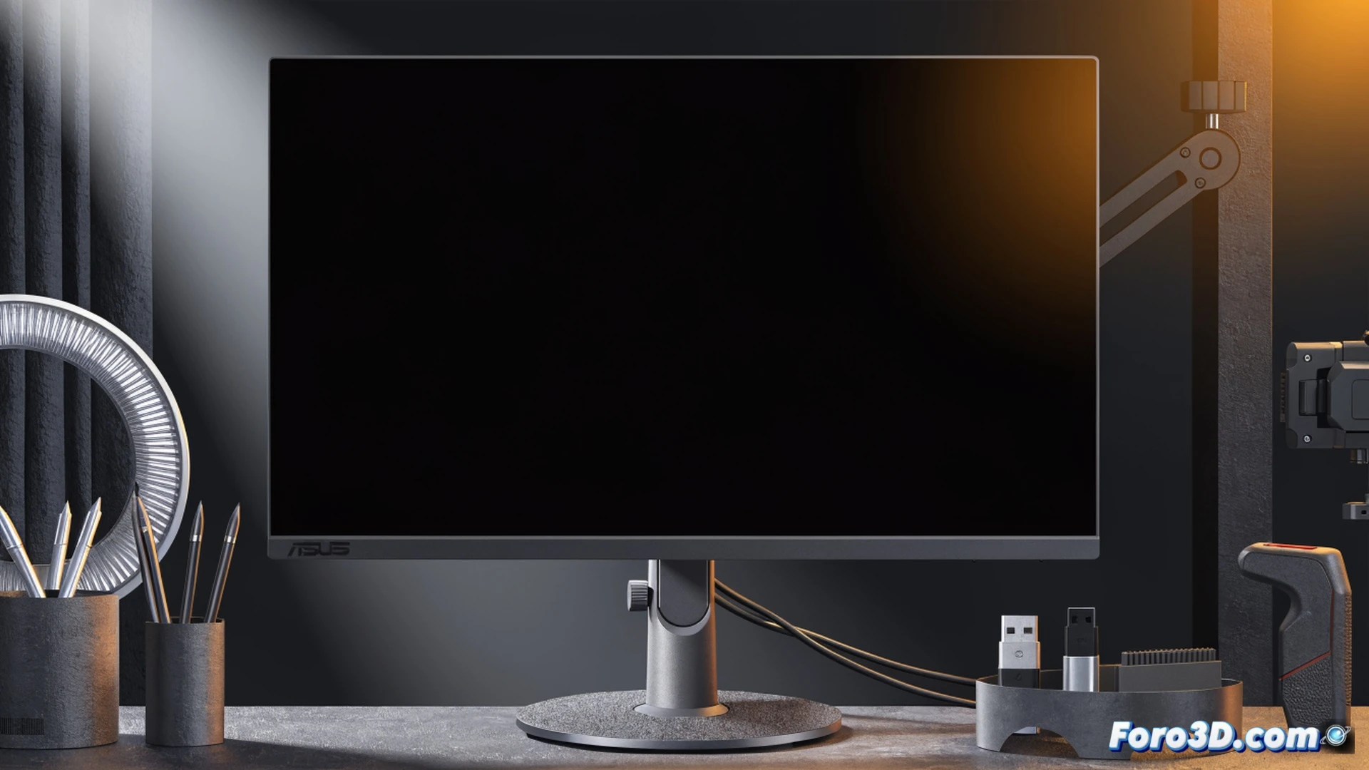 photorealistic technical illustration of a designer workspace, a 27-inch ASUS ProArt PA278CV monitor displaying a vibrant color-calibrated photo editing timeline in Adobe Premiere Pro, a graphic designer adjusting color wheels with a stylus on a Wacom tablet, precise color swatches and calibration tool visible on screen, professional studio lighting reducing glare, sleek matte black monitor bezel, ergonomic desk setup with keyboard and mouse, cinematic product photography style, ultra-detailed textures, soft diffused light emphasizing screen accuracy, subtle lens flare on monitor glass