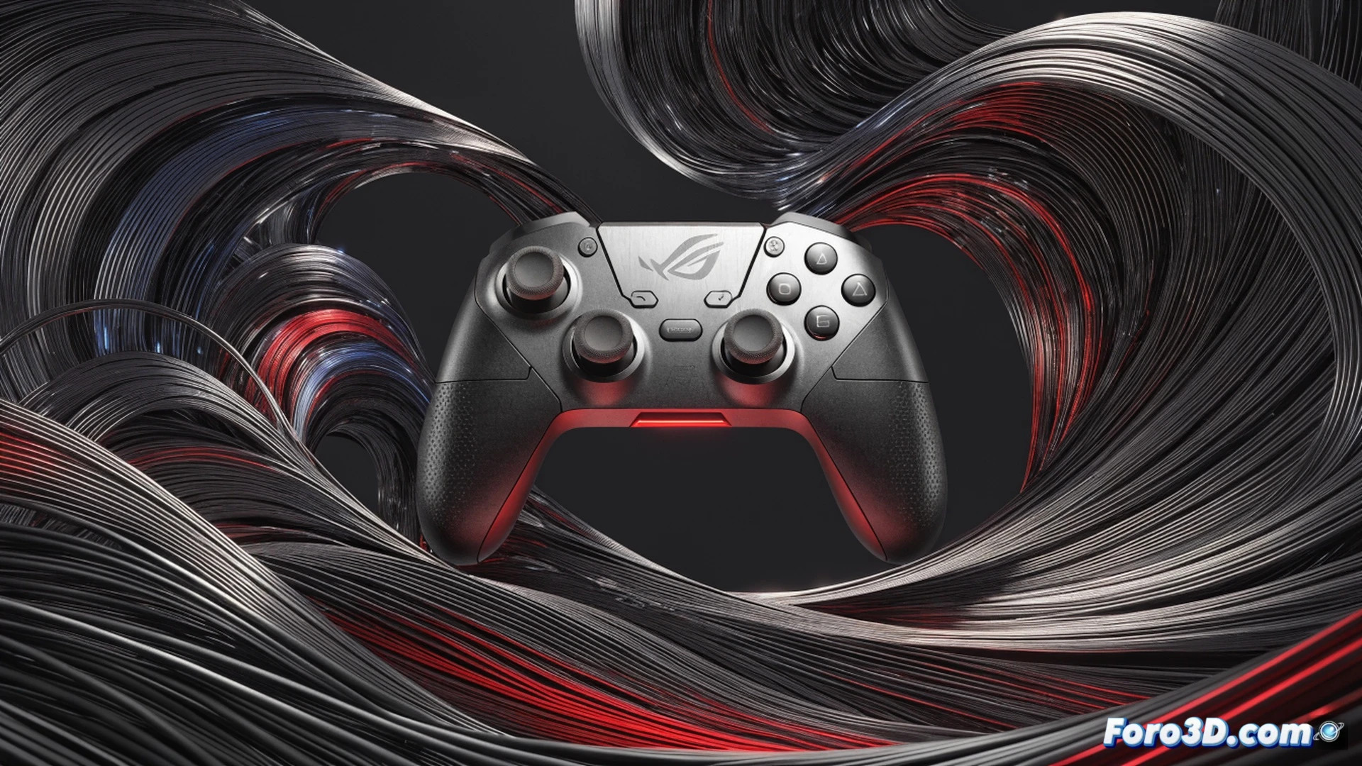 gamer hand gripping Asus ROG Raikiri II controller during intense racing gameplay, left joystick tilted forward under thumb pressure, dual-mode trigger finger pressing analog trigger, low-latency wireless signal visualized as subtle blue light pulse from controller to PC monitor, precise joystick mechanism cross-section glowing faintly inside translucent housing, cinematic product visualization, dramatic dark room lighting with RGB accent glow from controller logo, motion blur on screen racing game, photorealistic technical render, ultra-detailed ergonomic grip texture, high-contrast shadows highlighting trigger mechanism