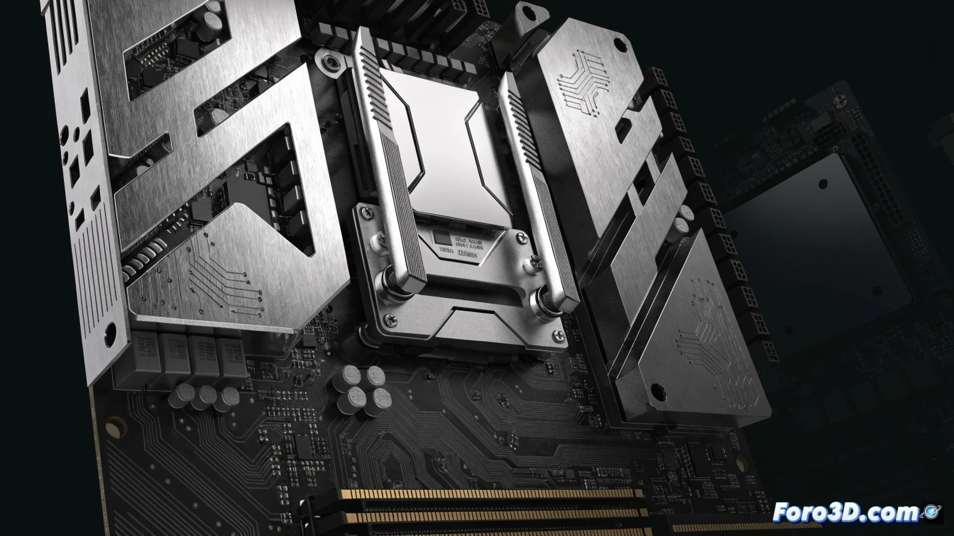 close-up of a modern motherboard being assembled, a gamer’s hand inserting a Wi-Fi 7 antenna module into the rear I/O panel, glowing signal waves radiating from the antenna, intricate PCB traces and capacitors visible, a high-end CPU cooler nearby, dramatic side lighting highlighting metallic heatsinks, cinematic technical illustration, photorealistic engineering visualization, action of connecting wireless hardware for low-latency gaming, dark background with blue and orange accent lights