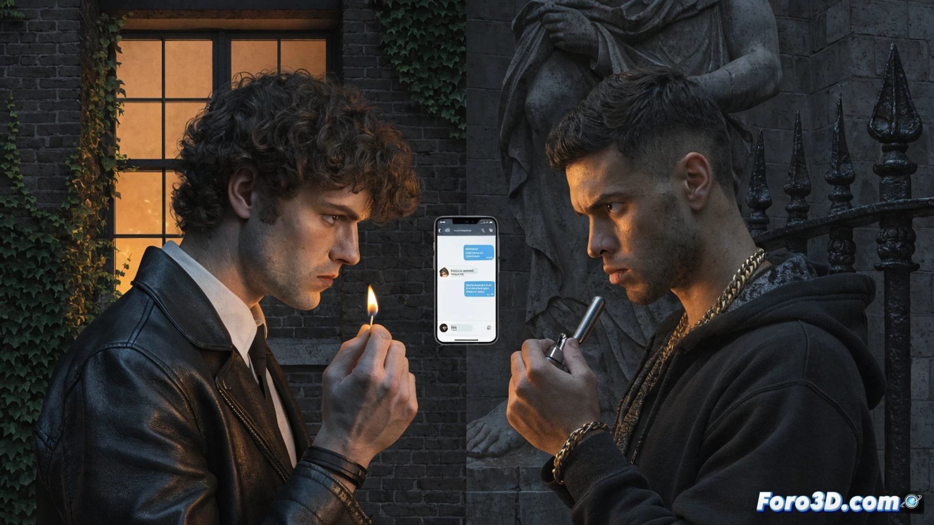 Two men in dark hoods pouring gasoline on a luxury car parked near a residential house, flames igniting from the front bumper, smoke rising into the night sky, one man holding a smartphone displaying a Telegram chat interface with a Russian flag emoji and payment confirmation, the other man wearing gloves while breaking a window with a crowbar, photorealistic cinematic style, dramatic orange and red fire lighting against dark blue night, security camera silhouette on the wall, ultra-detailed brick texture and vehicle reflections, tense action moment, high-contrast shadows, forensic technical illustration