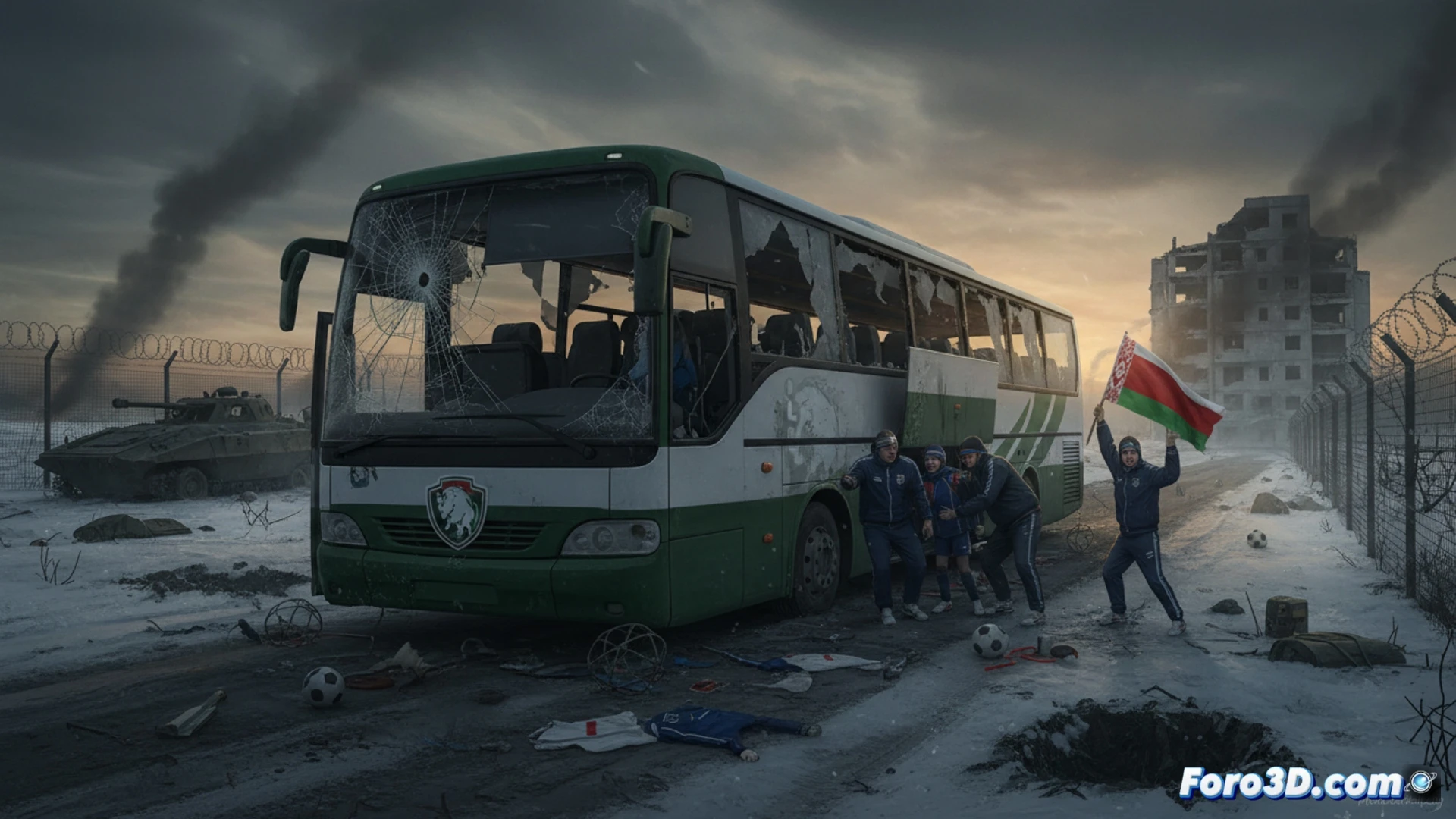 collapsed yellow school bus tilted on rural roadside, shattered windshield and twisted metal frame, children's sports bags scattered on wet grass, emergency responders in orange vests running toward the wreckage, smoke rising from the engine compartment, broken glass fragments catching grey daylight, muddy tire tracks leading off the asphalt, damaged wheel rim with exposed brake disc, cinematic photorealistic war documentary style, dramatic overcast sky, ultra-detailed vehicle damage textures, realistic emergency scene lighting, debris field with torn jersey fabric and crushed water bottles, tense action moment during evacuation