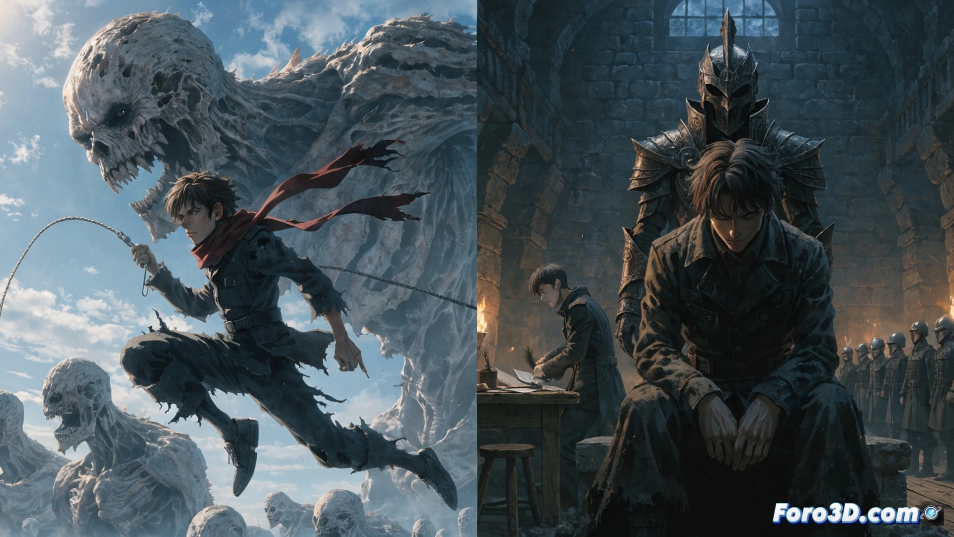 Two colossal Titans locked in combat atop a crumbling stone wall, one with glowing green eyes and tearing flesh, the other with exposed muscle tissue and steam rising from wounds, thick smoke and debris swirling around them, cinematic dark fantasy style, dramatic side lighting from a broken sun, photorealistic organic textures, detailed musculature and bone structure, epic scale with tiny human figures watching from below, motion blur on swinging arms, dust particles catching light, moody atmospheric fog, high-contrast chiaroscuro, ultra-detailed biomechanical horror elements, dynamic action pose showing impact force.