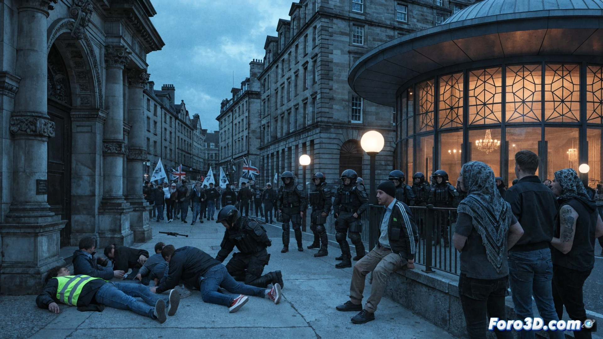 Cinematic photorealistic scene of a chaotic street near a mosque in Edinburgh, a long-barreled weapon being held by police during an arrest, five injured people on the ground receiving first aid, shattered glass on pavement, forensic officers in white suits collecting evidence, marked police vehicles with flashing blue lights, tense crowd in background held behind barriers, overcast sky with dramatic shadows, ultra-detailed urban environment, technical crime scene documentation style, realistic emergency response action, high-contrast lighting emphasizing urgency