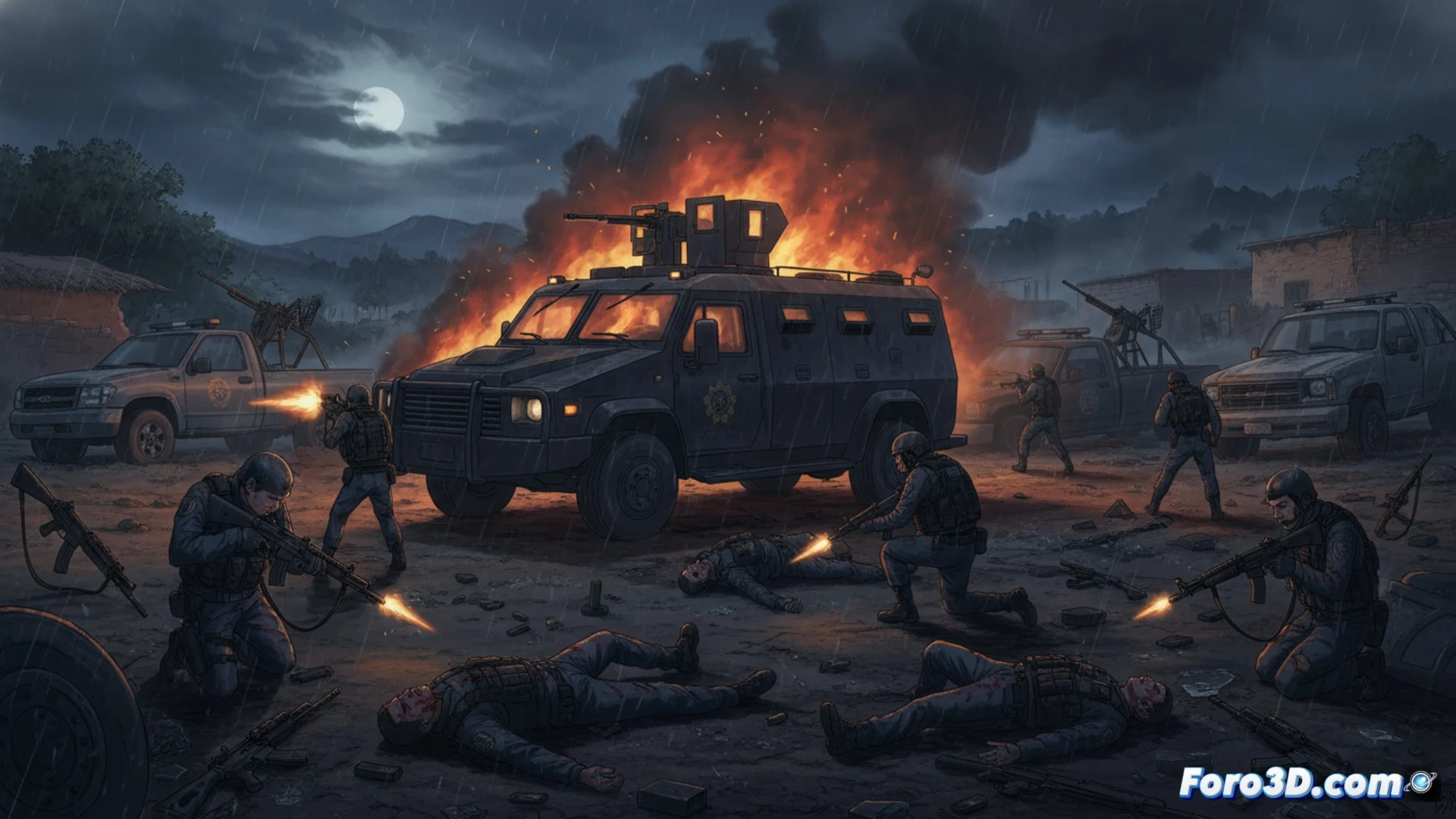 Cinematic night scene of police patrol vehicles ambushed on a rural road in Michoacán, shattered windshield glass scattering across asphalt, bullet impacts sparking on armored SUV doors, fallen officers in tactical gear lying near open vehicle doors, wounded colleagues taking cover behind tires while returning fire, muzzle flashes illuminating smoke-filled air, abandoned rifles and shell casings on ground, dark pine forest background, red and blue emergency lights flashing through fog, photorealistic crime scene reconstruction, dramatic low-angle lighting, ultra-detailed vehicle damage and tactical equipment, forensic evidence markers visible, tense action moment frozen in time
