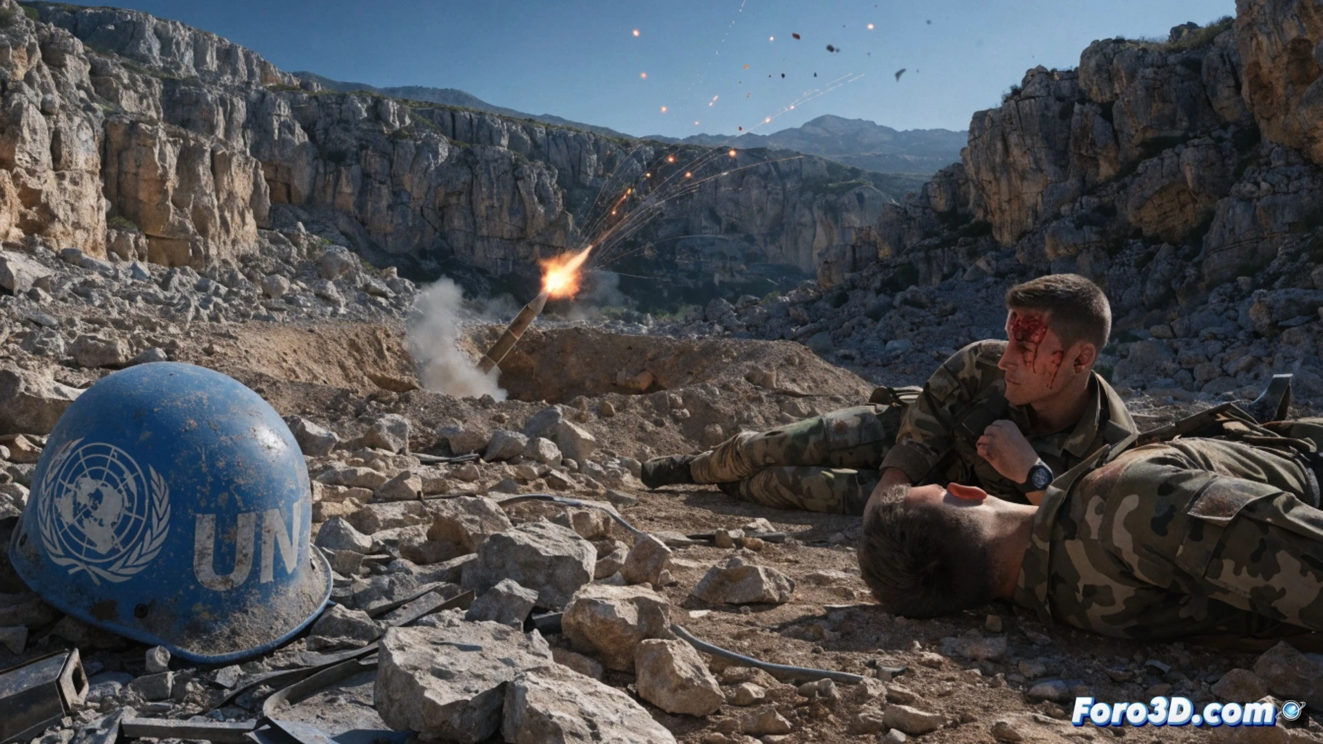UNIFIL peacekeeping observation post during mortar attack, concrete blast wall with impact crater, blue helmet on ground near damaged vehicle, two Spanish soldiers taking cover while checking injuries, one motionless UN soldier being assisted, smoke and dust rising from explosion, desert terrain with olive trees, tactical military equipment scattered, dramatic golden hour light, photorealistic warzone documentation style, high detail on Kevlar vests and radio gear, dust motes in harsh sunlight, tense action frozen in frame