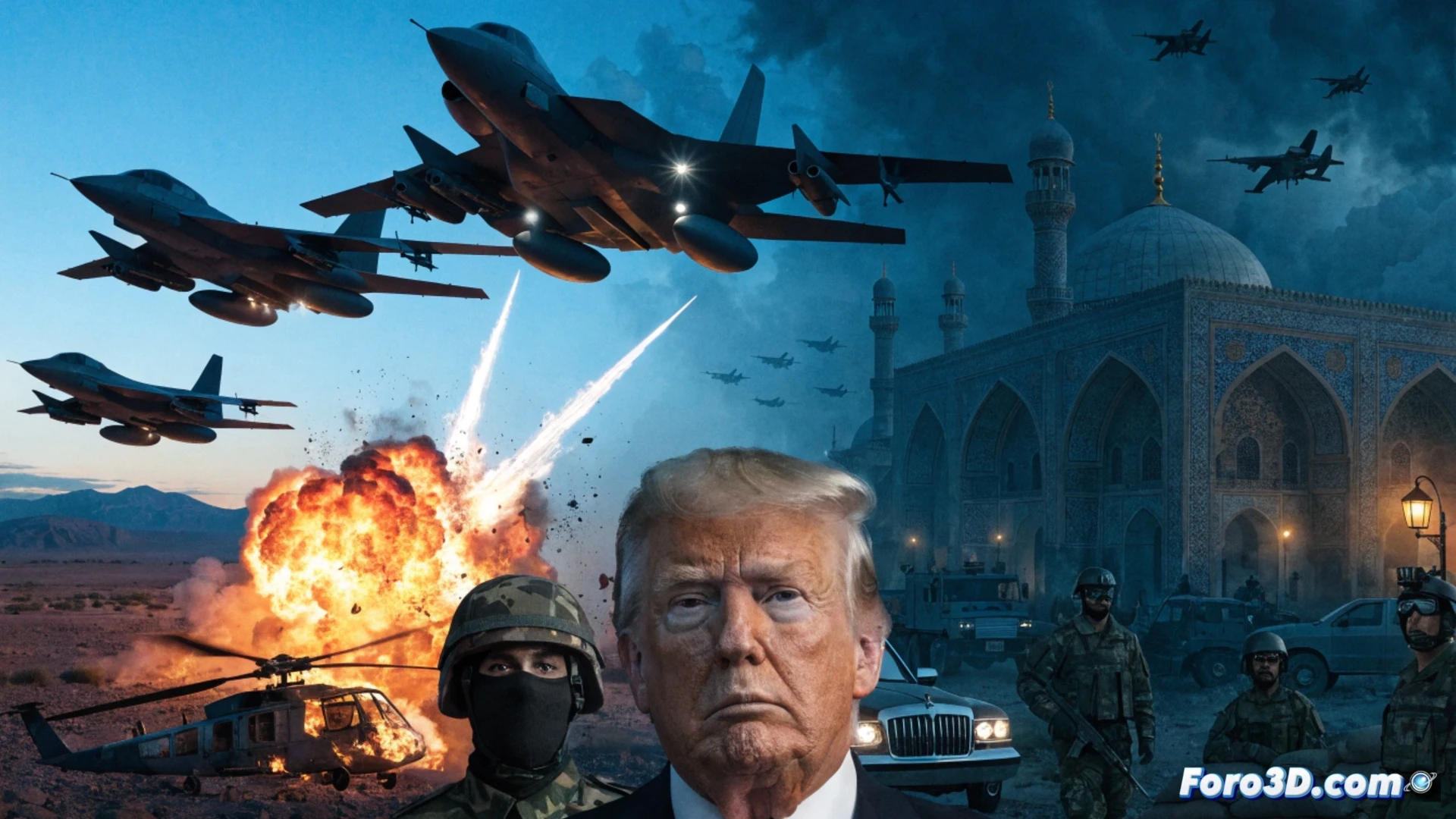 Explosions erupting across a desert military installation at dusk, multiple missiles streaking through smoke-filled sky, burning helicopter wreckage on ground, US fighter jet silhouette releasing bombs mid-flight, Iranian radar station hit with precision strike, glowing debris fragments scattering, dramatic orange fireballs and black smoke clouds, cinematic war photography style, photorealistic combat scene, wide angle lens capturing chaos, heavy atmospheric haze, ultra-detailed explosion textures, high contrast lighting with fiery highlights