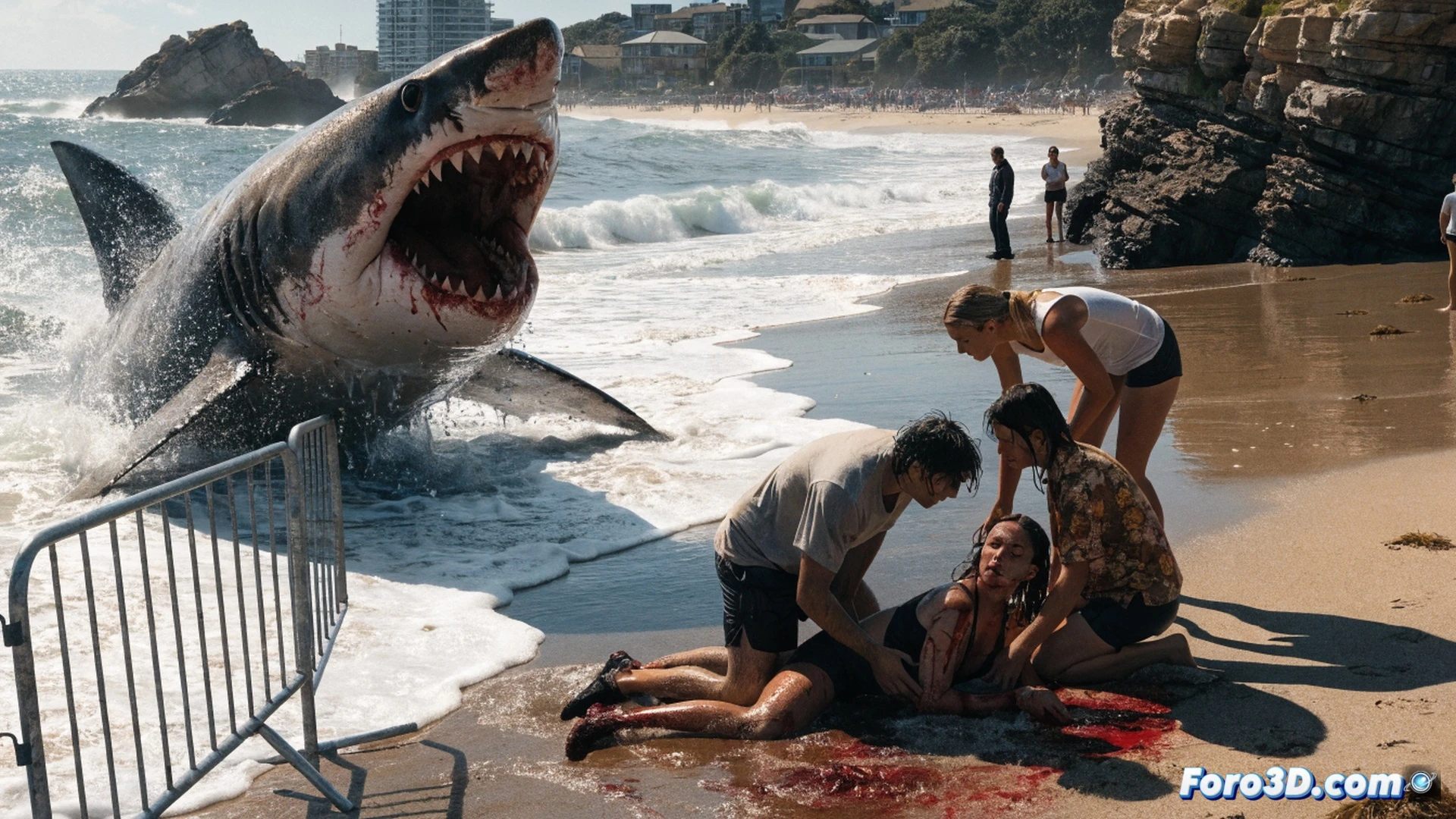 photorealistic ocean surface at Coogee beach, a grey dorsal fin cutting through turbulent turquoise water near shoreline, two swimmers dragging an injured woman with blood-stained arm and leg wounds toward sand, lifeguard rescue board floating nearby, red emergency drone hovering above scanning water, warning flags on beach, dramatic overcast sky, cinematic action shot, foam crashing on rocks, hyper-detailed water textures, intense rescue moment demonstrating immediate response, technical beach safety visualization