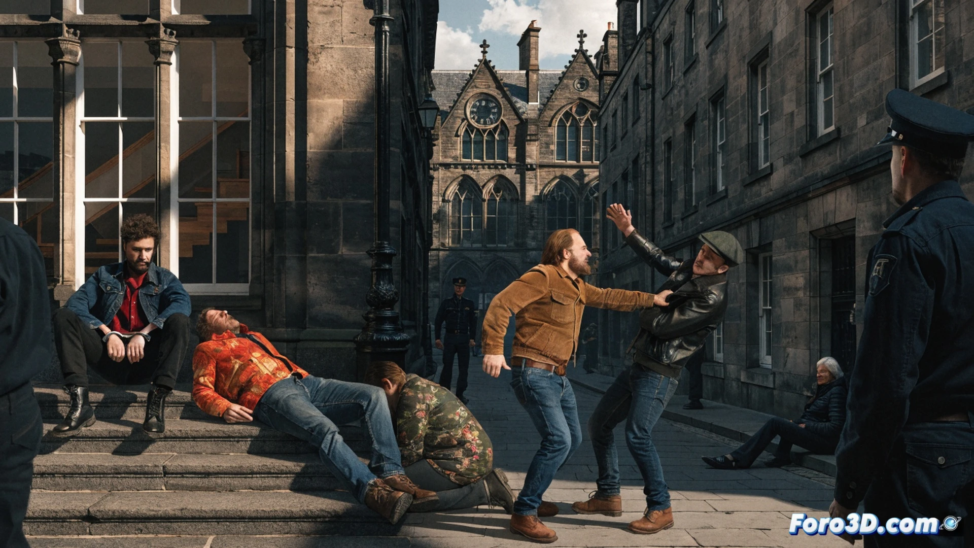 mezquita moderna al atardecer en Edimburgo, un hombre de 36 años con chaqueta oscura forcejeando violentamente contra un grupo de fieles en la entrada, tres personas caídas en el suelo con heridas visibles mientras otras dos son auxiliadas por socorristas, agentes de policía sujetando al agresor con esposas en primer plano, cuchillo de cocina abandonado en el pavimento húmedo, luces de emergencia azules reflejándose en vidrieras islámicas, estilo cinematográfico fotorrealista, iluminación dramática de farolas, atmósfera tensa de crimen de odio, texturas detalladas de ropa y piedra, ángulo contrapicado mostrando la acción en proceso