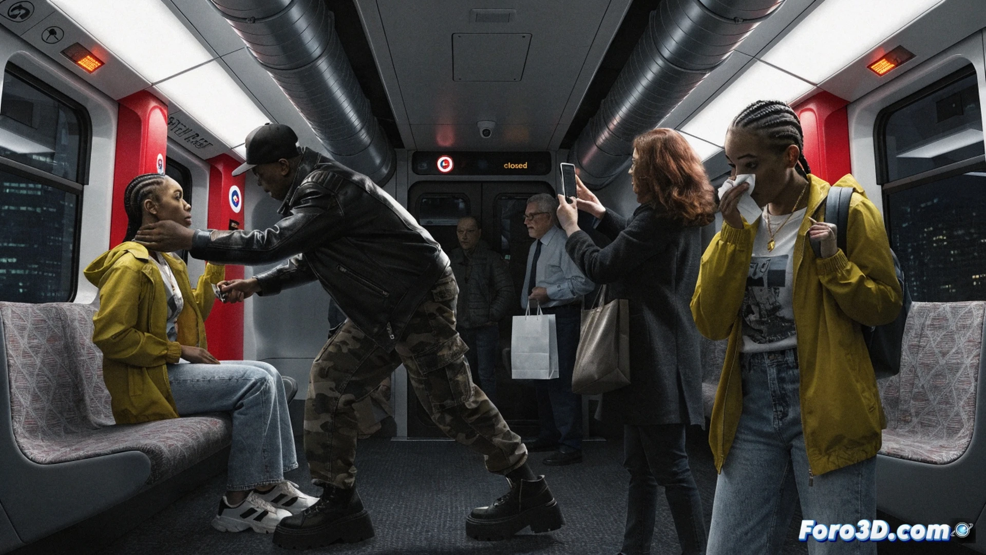 Photorealistic cinematic scene inside a London Elizabeth Line train carriage, a woman holding a smartphone with the 61016 text number visible on screen, her expression tense and frustrated, the phone screen glowing in dim ambient light, a digital clock on the wall shows 13 hours elapsed, a viral social media notification icon glowing on a second phone lying on the seat beside her, contrasting the slow official response with rapid public reaction, modern train interior with metallic handrails and blue seats, dramatic chiaroscuro lighting emphasizing isolation and urgency, ultra-detailed textures, technical documentary style