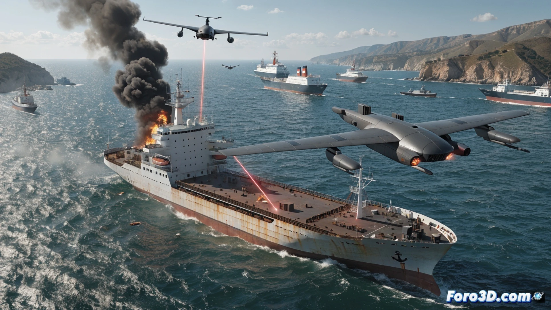 Cargo ship in the Strait of Hormuz under drone attack, multiple explosions on deck near containers, thick black smoke rising, nearby tanker ships reversing with visible wake turbulence, control room monitor showing radar blips and live drone feed, red warning indicators flashing, maritime navigation equipment on bridge displaying collision alerts, photorealistic cinematic visualization, dramatic sunset lighting over oily water, realistic destruction effects, debris fragments scattering, emergency beacon lights blinking, ultra-detailed ship hull and cargo structures, high-angle wide shot showing scale of evacuation disruption