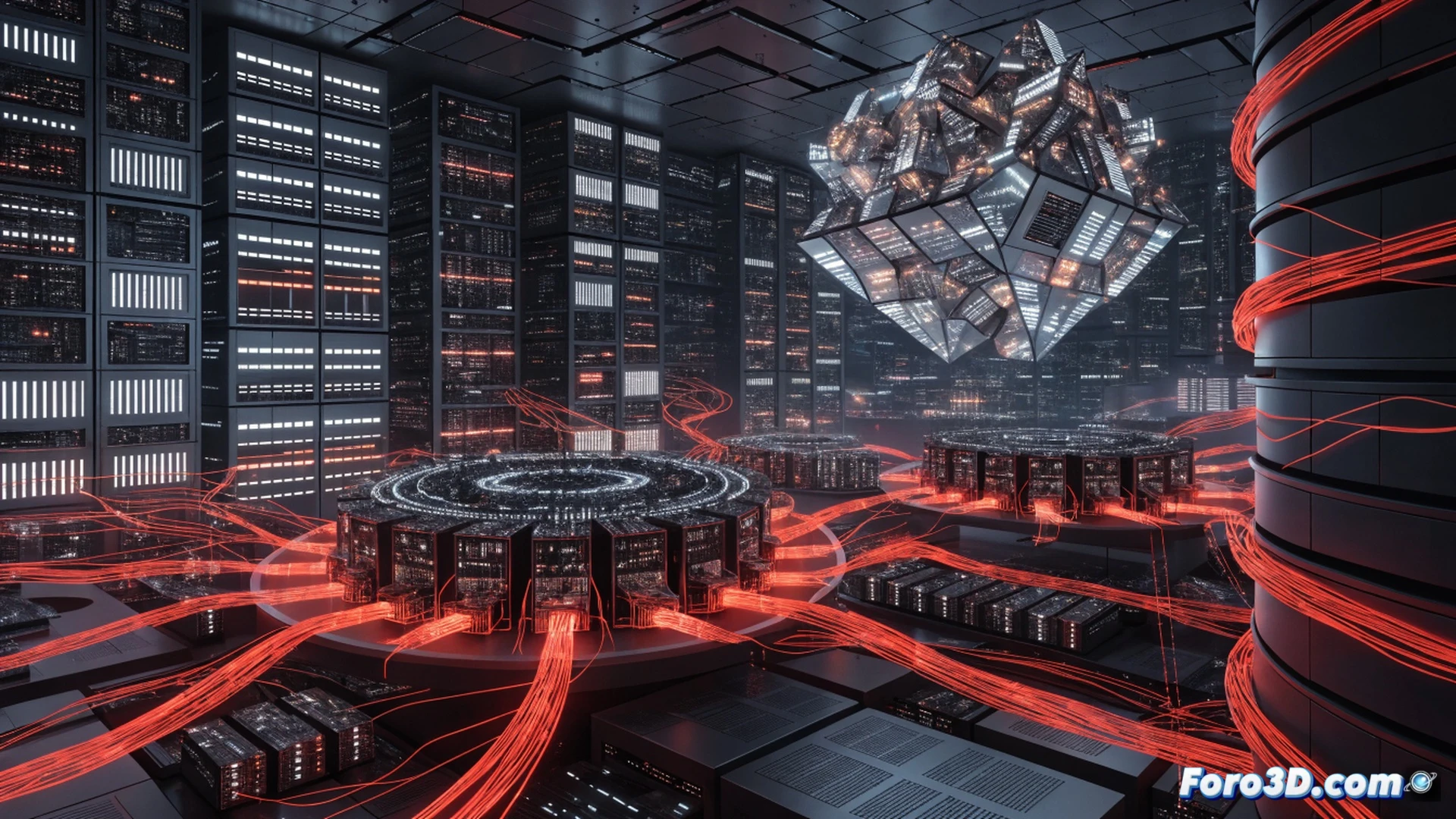 cinematic technical illustration of a cyber attack on a bank server room, multiple monitors displaying error codes and firewall breach alerts, network cables being disconnected by a technician in protective gear, server racks with blinking red warning lights, oscilloscope showing irregular data packets, cooling fans spinning rapidly, engineers analyzing a laptop with diagnostic software, restricted access signs visible, photorealistic engineering visualization, dramatic red and blue emergency lighting, smoke particles near a central server, high-tech security systems in action
