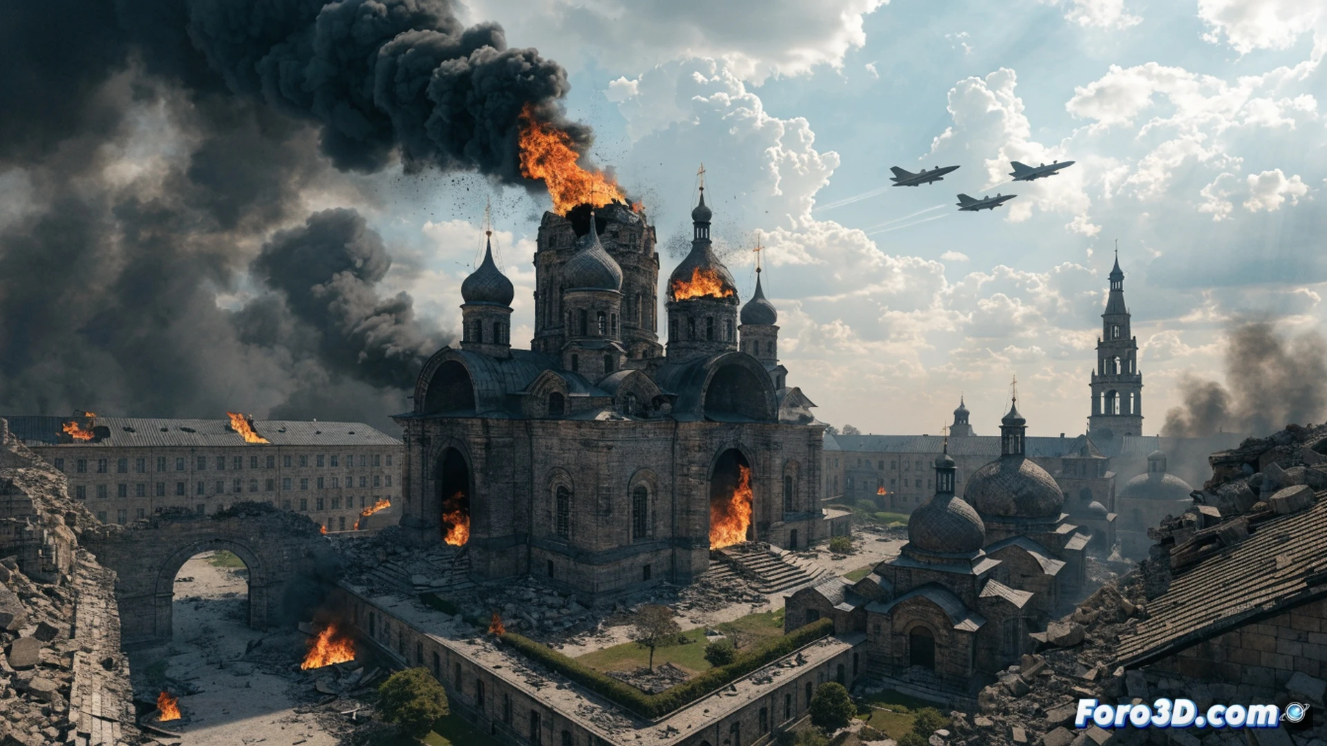 cinematic aerial view of a historic Ukrainian Orthodox cathedral with golden domes and UNESCO heritage plaque, a missile strike impact on the roof during explosion, smoke and debris rising, stained glass windows shattering, drone fragments falling onto cobblestone courtyard, rescue workers in orange helmets rushing with fire extinguishers, broken wooden religious icons scattered, photorealistic disaster scene, dramatic smoke clouds illuminated by fire glow, ultra-detailed stone masonry and baroque architecture, motion blur from explosion shockwave, high-contrast war photojournalism style, intense orange and grey color palette