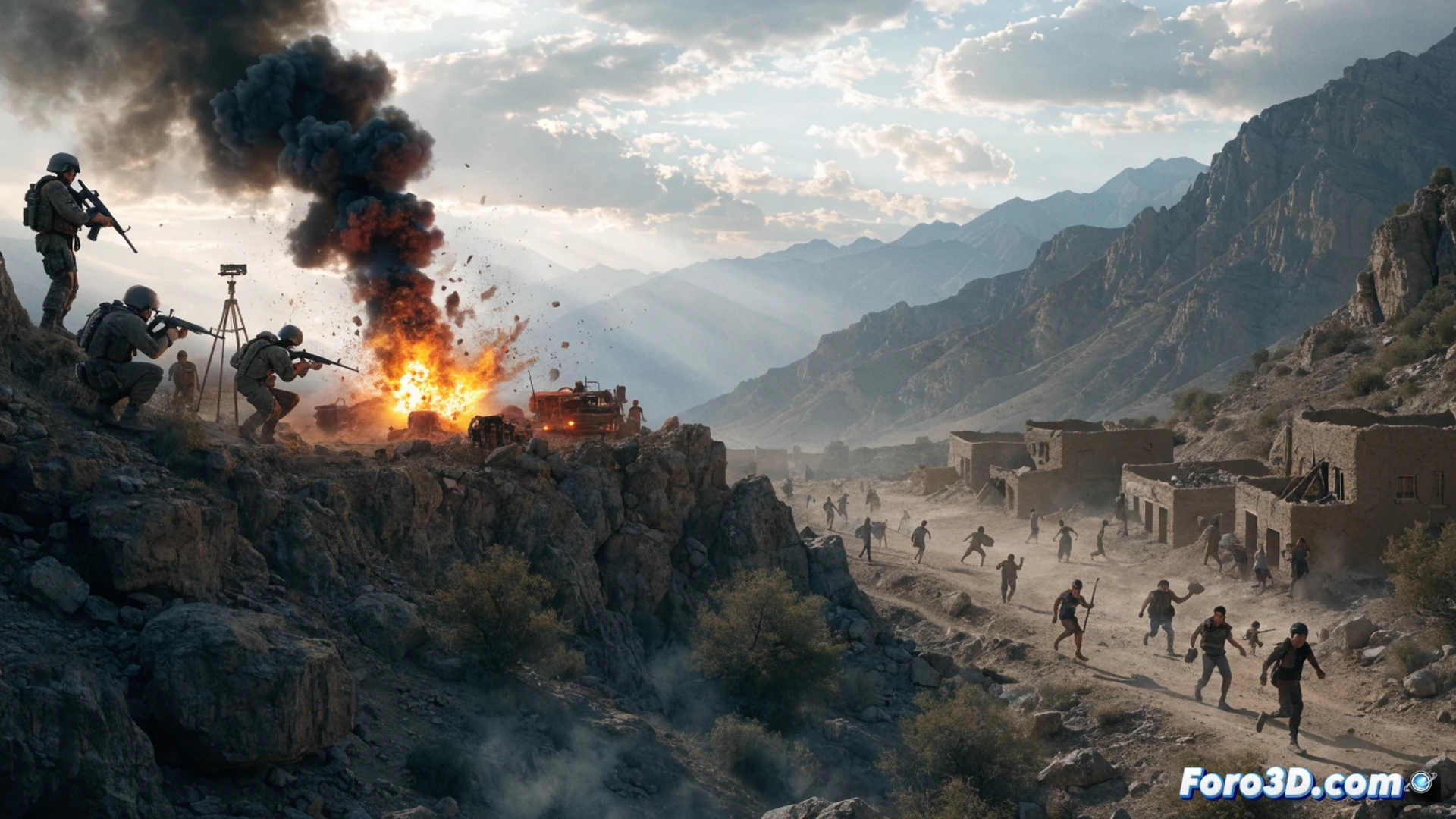 Aerial attack aftermath in a mountainous border village, destroyed mud-brick homes with smoke rising from collapsed roofs, civilian families fleeing through narrow dusty streets while military drones hover in the grey overcast sky, debris scattered across the ground, crumpled metal roofing sheets and shattered wooden beams visible, a damaged water well in the foreground, distant snow-capped peaks under hazy light, photorealistic war zone documentation style, cinematic wide-angle lens, muted earth tones with orange fire glow, dust particles suspended in air, ultra-detailed rubble textures, dramatic shadows from low sun, no text or numbers