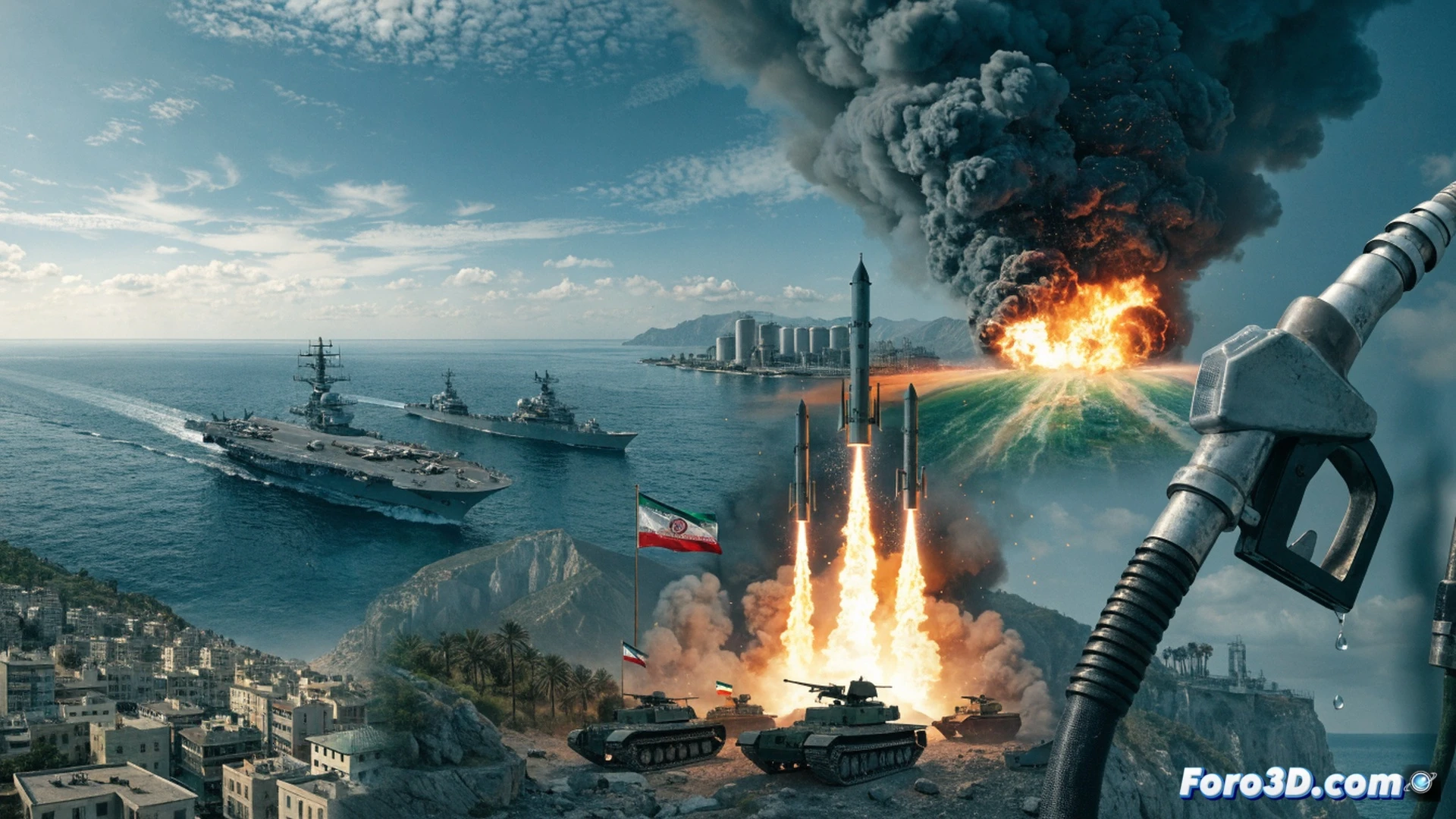 Middle Eastern oil refinery complex at night, US Tomahawk cruise missiles streaking across sky towards Iranian military installations, Iranian Quds force speedboats launching anti-ship missiles in Gulf waters, oil tanker burning in background, cutaway technical diagram showing missile trajectories and impact points, photorealistic military simulation style, smoke plumes rising from explosions, fuel storage tanks glowing orange from fires, radar screens showing incoming threats, dramatic cinematic lighting with explosion glare, ultra-detailed military hardware, tense atmosphere, hyperrealistic render
