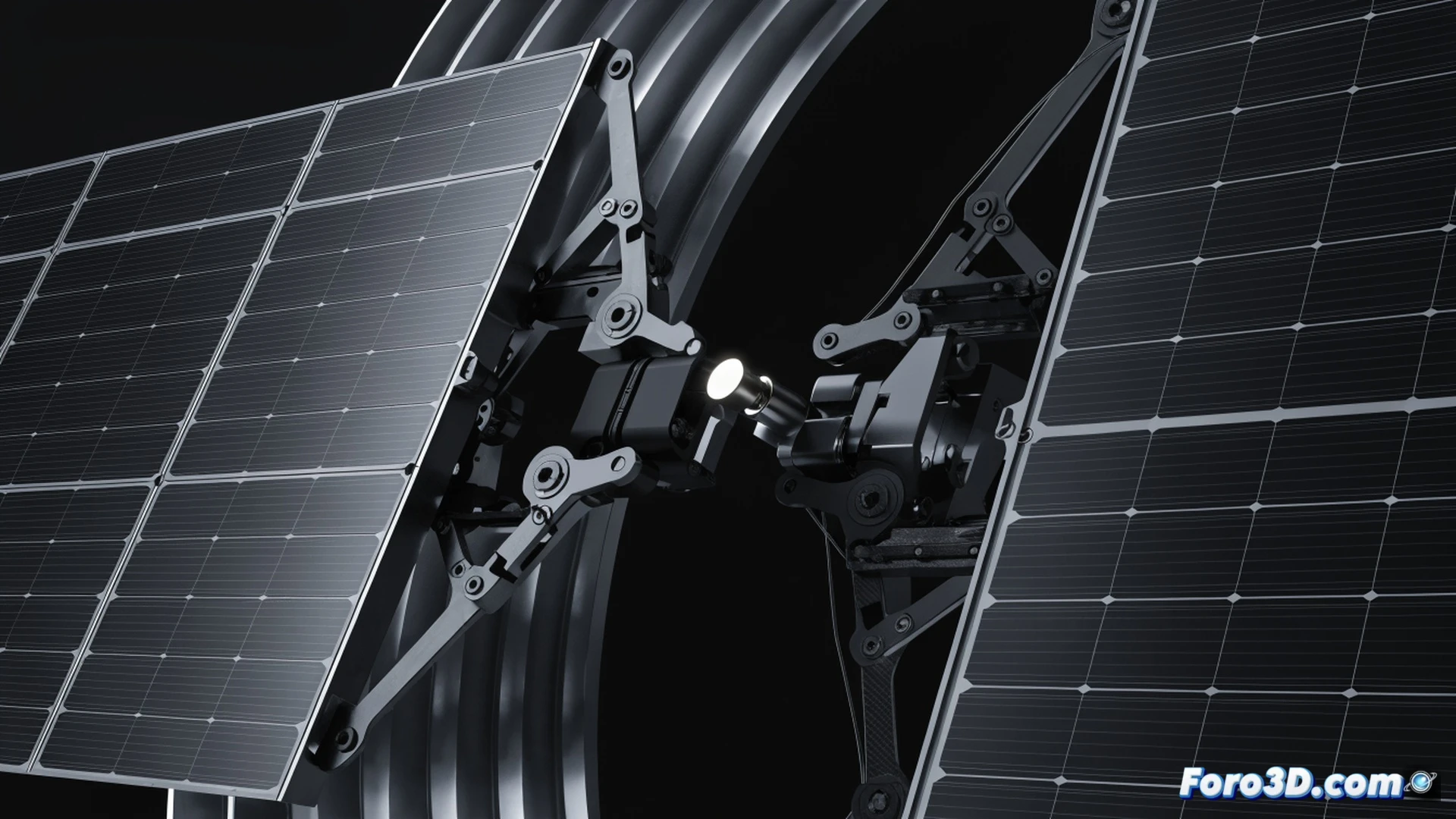 Microscopic space hinge jammed mid-deployment, solar panel partially folded at awkward angle, metallic friction marks on titanium pivot joint, engineers analyzing 3D CAD model on holographic display showing stress concentration in red, digital torque simulation graph overlaying the scene, satellite structure floating in dark vacuum background, photorealistic engineering visualization, dramatic side lighting reflecting off polished surfaces, ultra-detailed mechanical failure analysis, cinematic technical illustration