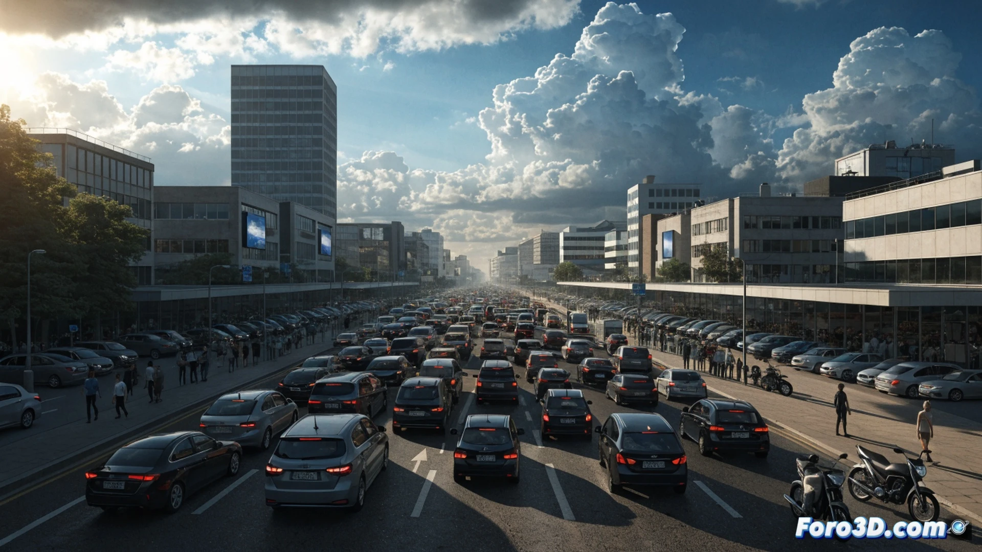 crowded driving school parking lot in Andalusia, dozens of student drivers waiting beside cars, frustrated expressions visible, a digital calendar on a wall showing months of fully booked exam slots, a single exhausted examiner in uniform reviewing a long paper list, cars with L-shaped signs idling in rows, blocked exit gate with a red traffic light, cinematic photorealistic style, overcast afternoon light, dusty asphalt, metallic reflections on car roofs, deep shadows under vehicles, ultra-detailed urban scene