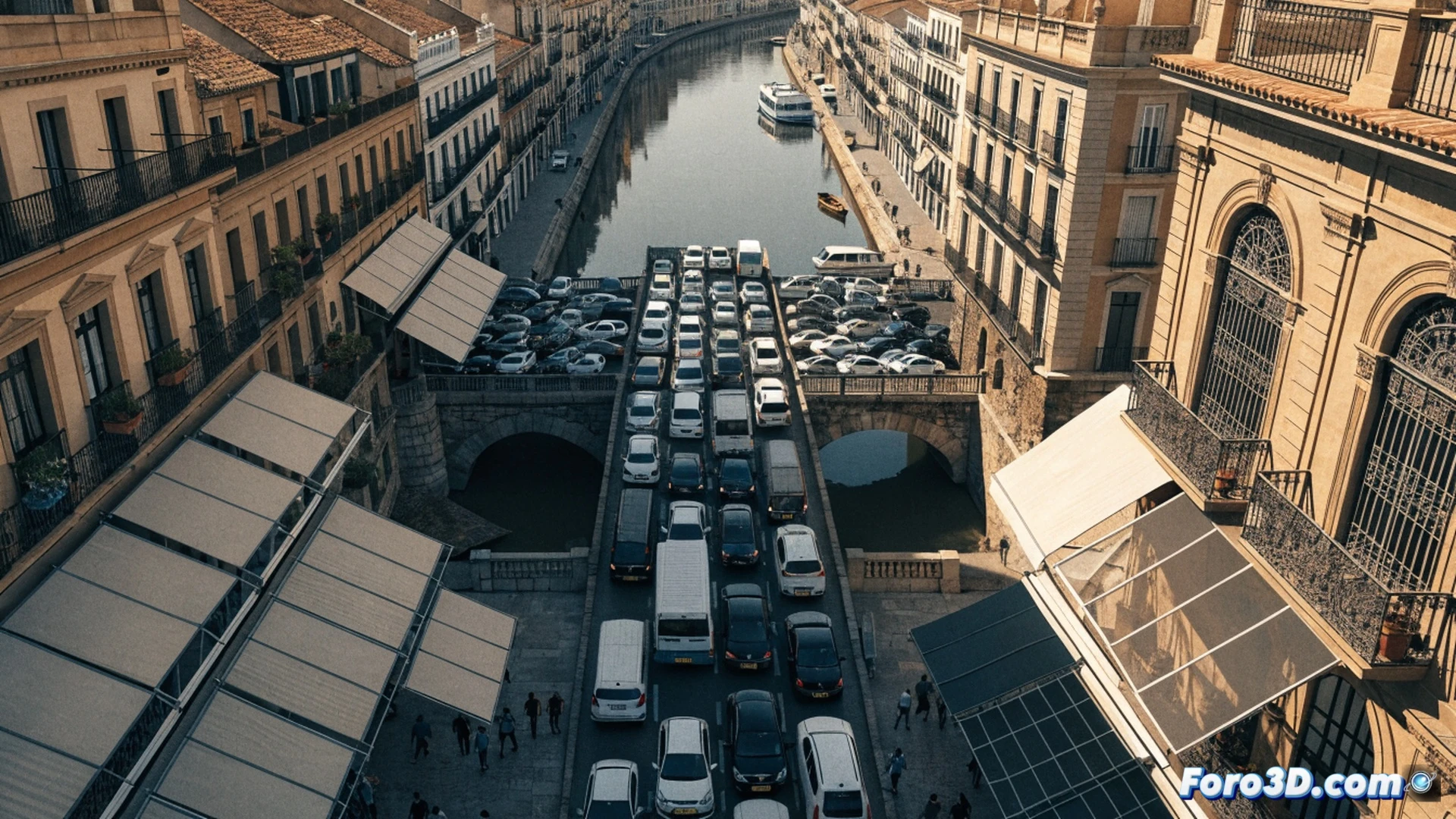 aerial view of two bridges over Guadalquivir river in Seville, Cachorro and Barqueta, completely clogged with stationary cars during rush hour, red taillights forming double traffic jams, heat haze rising from asphalt, empty pedestrian streets with missing sunscreens, metal brackets on buildings where retractable awnings are absent, shadows of uncovered sidewalks, cinematic urban congestion visualization, photorealistic wide-angle shot, warm golden hour sunlight casting harsh contrast, detailed vehicle models, smoky exhaust haze, stress-inducing density, technical infrastructure documentation style