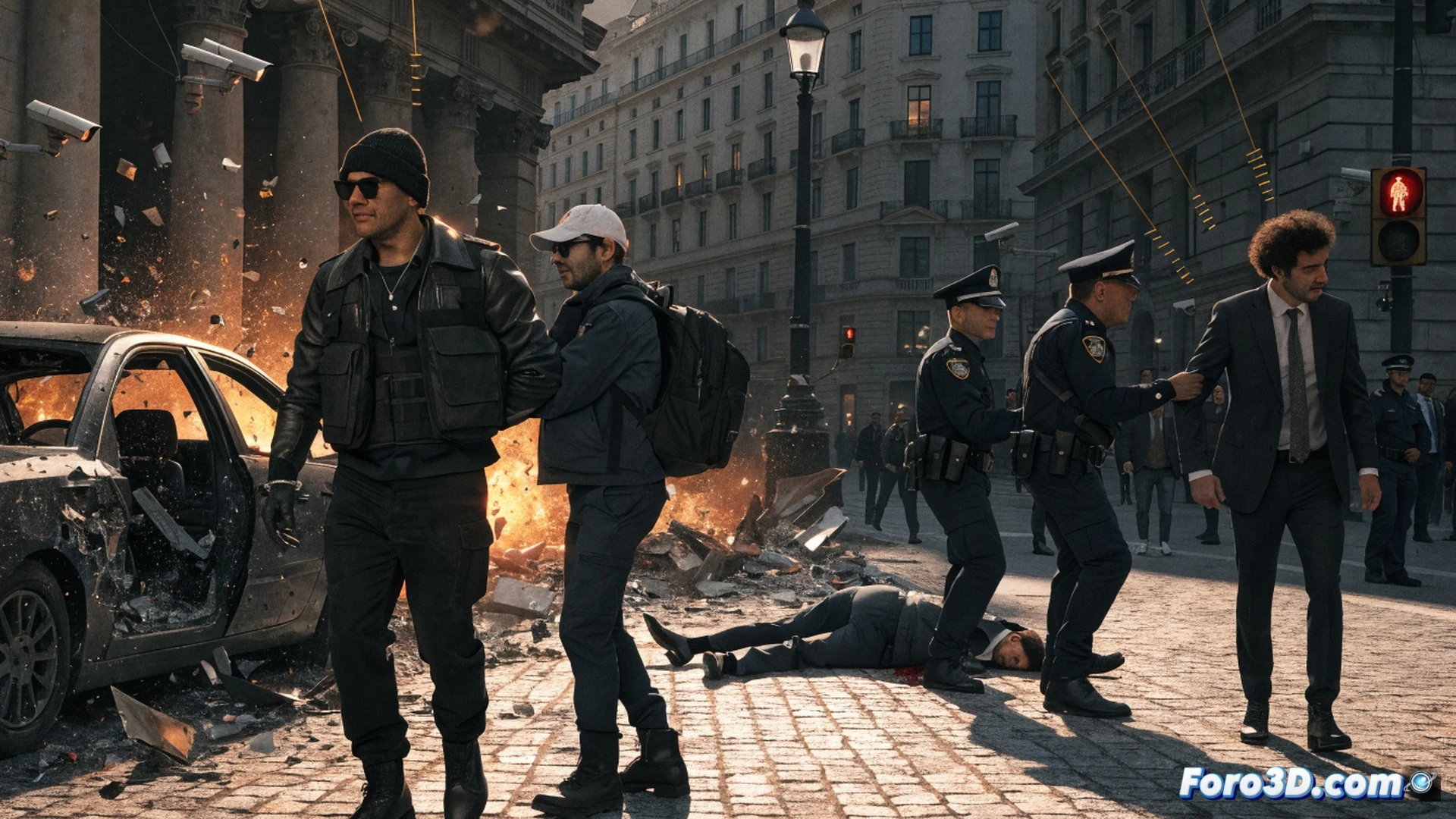 Explosive device detonating near a journalist car in an Italian suburban street, four shadowy figures fleeing while holding cash and phones, police surveillance camera angle capturing the scene, digital tracking lines overlaying phone signals on a technical map, forensic investigators examining debris, cinematic photorealistic visualization, dramatic night lighting with orange blast glow, smoke and scattered metal fragments, dark asphalt and concrete walls, ultra-detailed crime scene reconstruction, tense action atmosphere