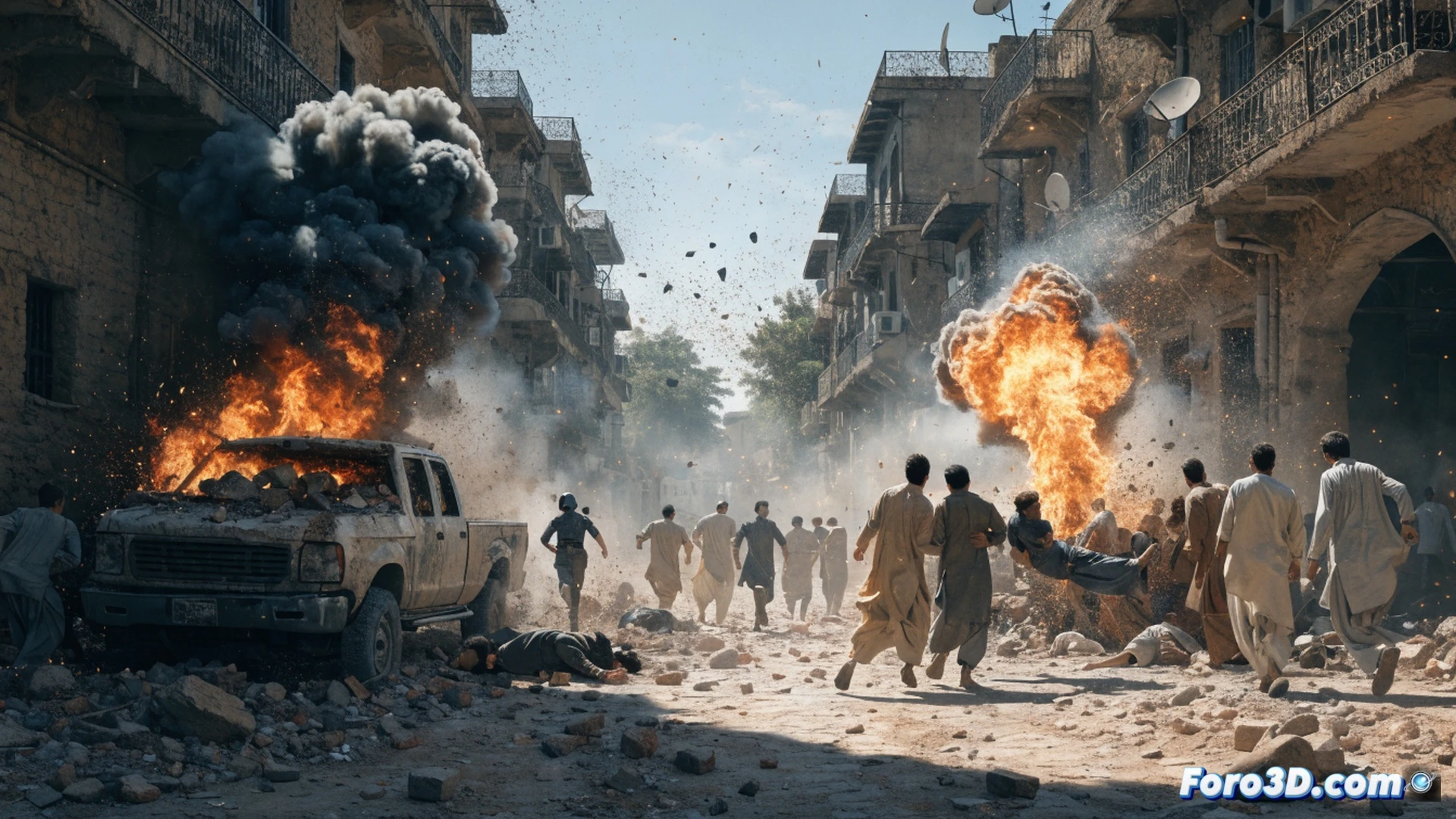 Explosion crater on a dusty road in Khyber Pakhtunkhwa, shattered passenger van with twisted metal and broken glass scattered across the asphalt, emergency responders in orange vests carrying a wounded civilian on a stretcher while smoke rises from a second blast near a damaged ambulance, forensic investigators in blue gloves examining circuit fragments and battery components from an improvised explosive device, cinematic photorealistic news documentation style, harsh midday sun casting long shadows, dust particles suspended in air, realistic debris patterns, urgent motion blur on rescue workers, wide-angle lens capturing the chaotic aftermath, technical evidence markers placed near blast epicenters