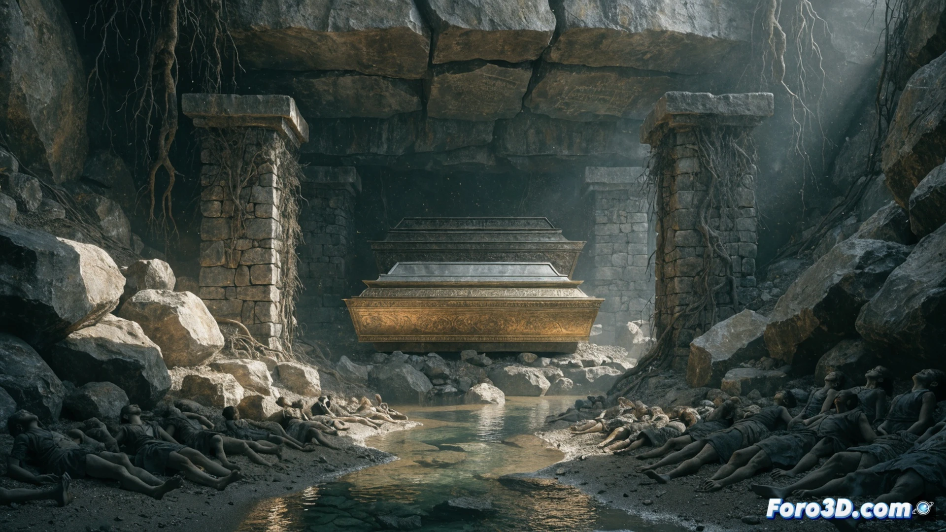 ancient riverbed excavation scene, three layered coffins of gold silver and iron being lowered into a deep grave pit, armed Hun warriors standing guard with spears and torches, slaves digging a diversion channel to redirect river water, heavy wooden levers and ropes controlling water flow, muddy banks and turbulent water, dark stormy sky, cinematic historical visualization, dramatic lighting from torches reflecting on wet armor, photorealistic ancient warfare equipment, mud-splattered tools and chains, tense action moment during burial concealment process