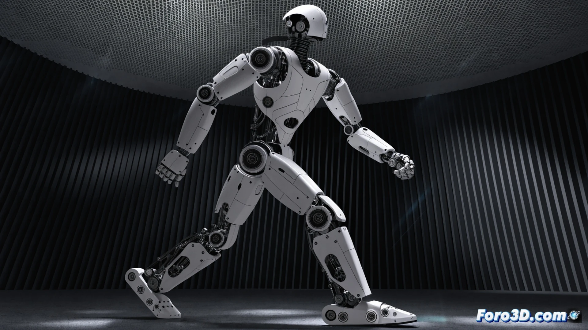 Boston Dynamics Atlas humanoide completamente eléctrico, torso metálico esbelto sin cilindros hidráulicos, realizando una torsión extrema de cadera y hombro mientras sostiene una caja de herramientas industrial, articulaciones rotando más allá del rango humano, cables eléctricos visibles en codos y rodillas, fondo de laboratorio con racks de servidores y pantallas de telemetría, estilo cinematic engineering visualization, iluminación dramática azul y naranja, superficies pulidas con reflejos técnicos, fotorealismo industrial, profundidad de campo enfocando el movimiento dinámico