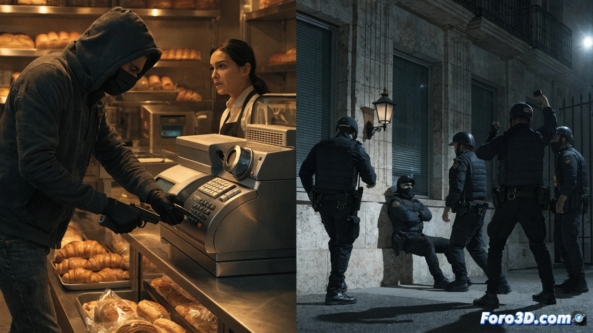 A man in a hoodie holding a kitchen knife and a pistol stands frustrated at a bakery counter, a cash register with a digital timer display showing lock delay, coins and pastries scattered on the floor, police lights flashing through the window, cinematic photorealistic scene, dramatic interior lighting, tense action froze mid-motion, ultra-detailed textures on the knife blade and register buttons, shallow depth of field, gritty urban atmosphere, technical illustration style.