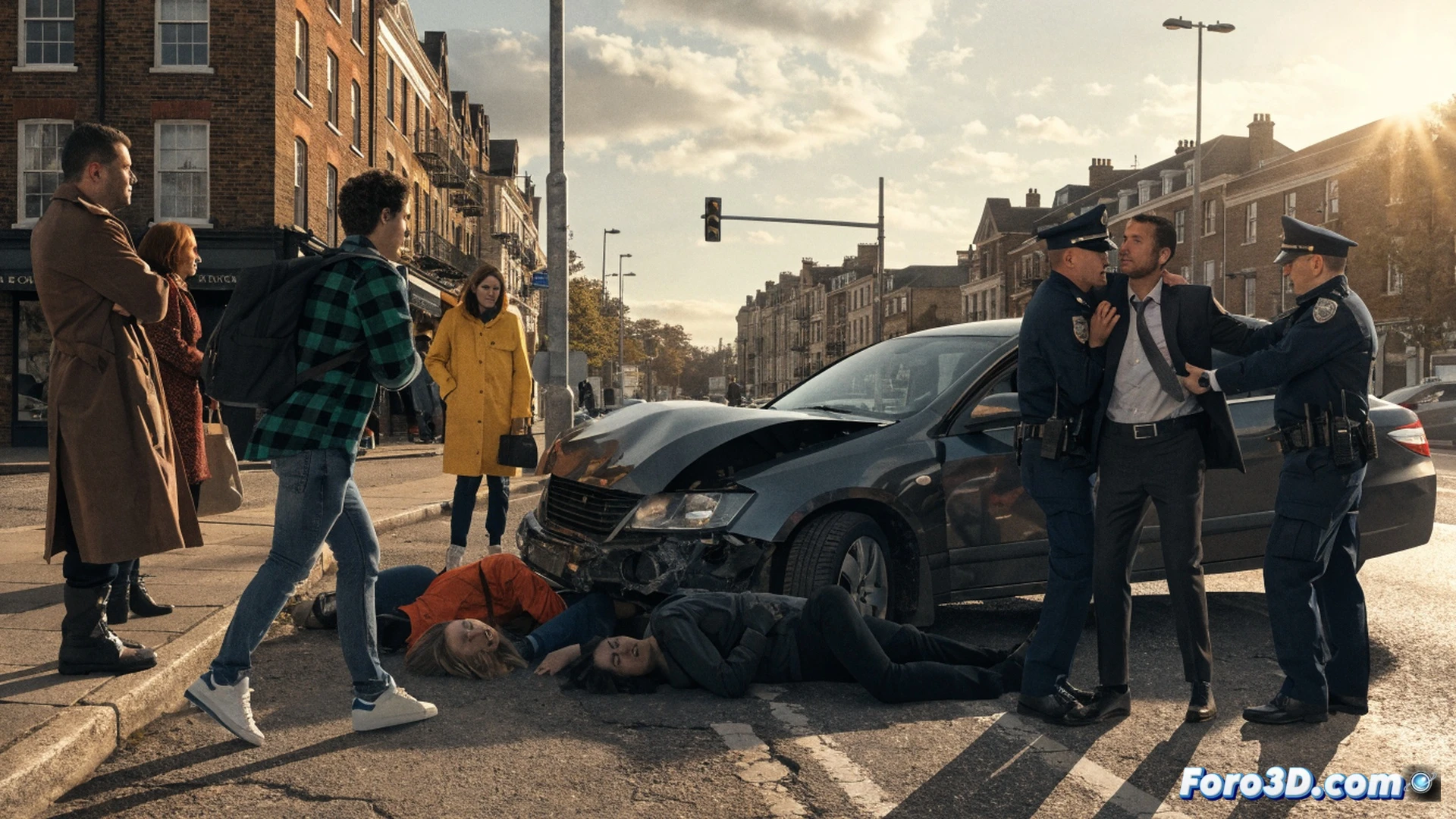 Aerial view of a grey sedan crashing into market stalls on a busy commercial street in Ealing, five pedestrians thrown sideways in mid-impact, shattered glass and debris suspended in air, police vehicles arriving with flashing blue lights, a man in handcuffs being led away by officers, forensic markers on the ground, cinematic photorealistic style, dramatic overcast London lighting, motion blur on fleeing figure, detailed urban storefronts, technical reconstruction visualization, high-angle surveillance camera perspective, realistic crowd scattering action