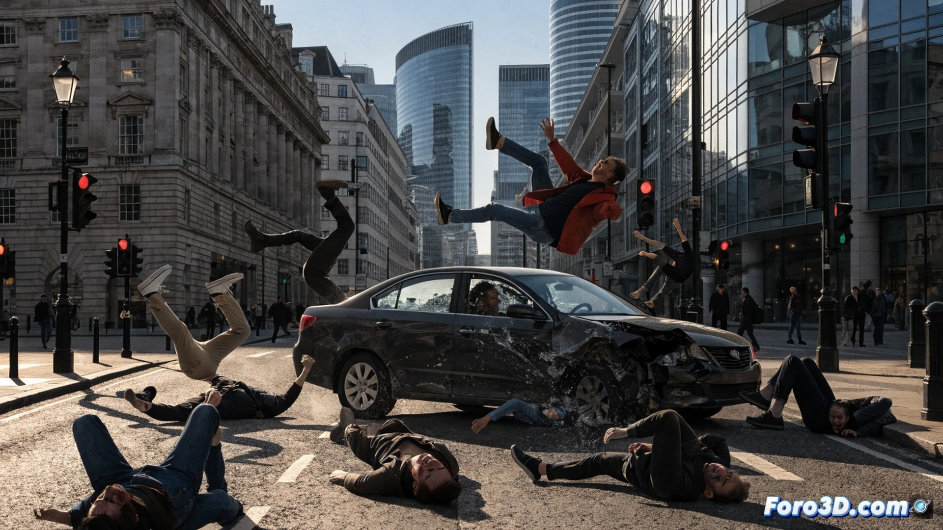 photorealistic cinematic scene of a busy London street intersection, a silver sedan aggressively crossing a red traffic light at high speed, front bumper colliding with pedestrians mid-step on a zebra crossing, fractured pavement debris and shattered glass fragments suspended in motion, a traffic light pole with glowing red signal clearly visible, pedestrians falling with visible impact injuries, facial fracture and pelvic injury implied through posture, dramatic motion blur on car wheels and background cityscape, harsh street lighting casting long shadows, detailed urban architecture with double-decker bus in blurred background, technical accident reconstruction visualization style, forensic evidence lighting, ultra-detailed vehicle damage and pedestrian dynamics