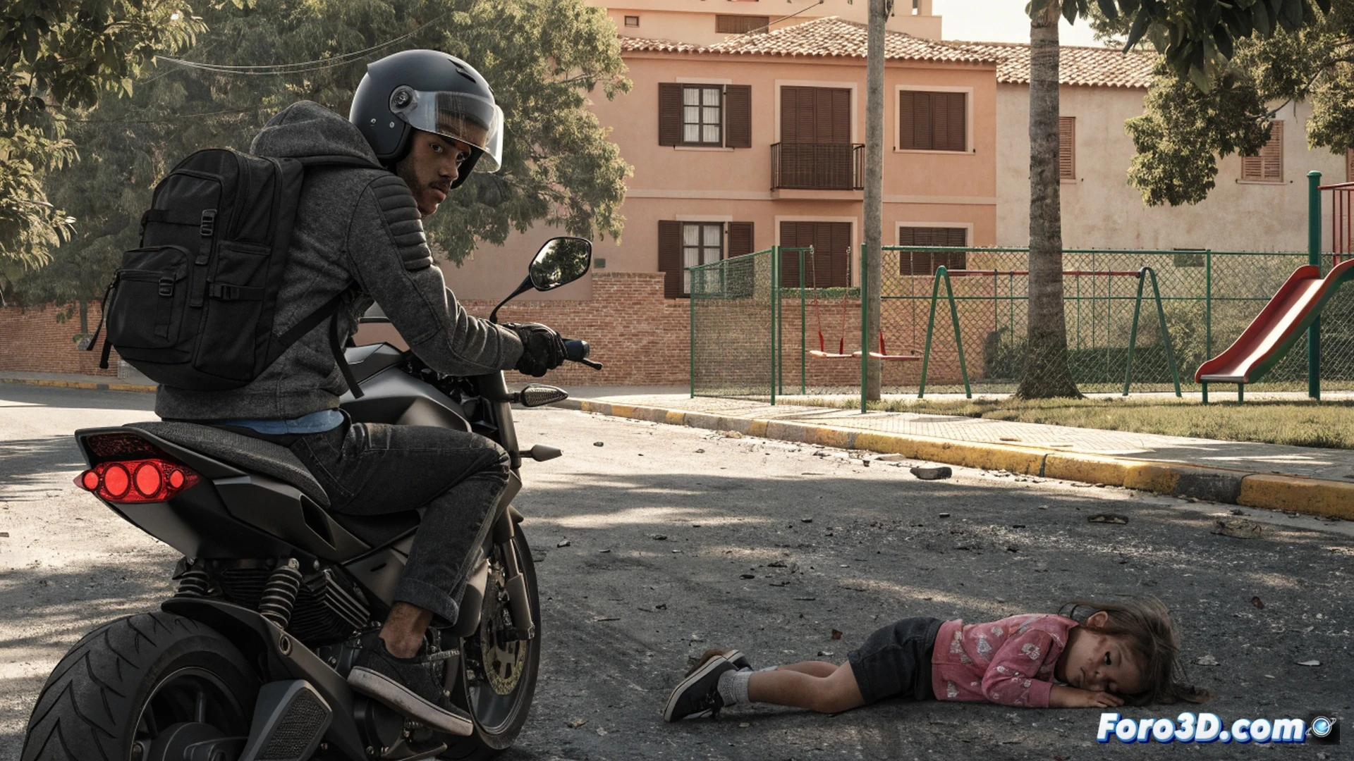 small child s pink bicycle crumpled on residential street asphalt, tire tracks showing sudden swerve from impact point, a blue compact car speeding away in blurry background, neighborhood houses and parked cars visible, a child s shoe lying near the bicycle, dramatic late afternoon shadows cast across pavement, cinematic photorealistic style, wide-angle lens perspective emphasizing distance between victim and fleeing vehicle, dust particles suspended in air, warm golden hour light contrasting with cold metallic car body, hyperrealistic textures of asphalt grain and rubber tire marks, forensic-like documentation quality, no visible people or faces, no text or letters anywhere